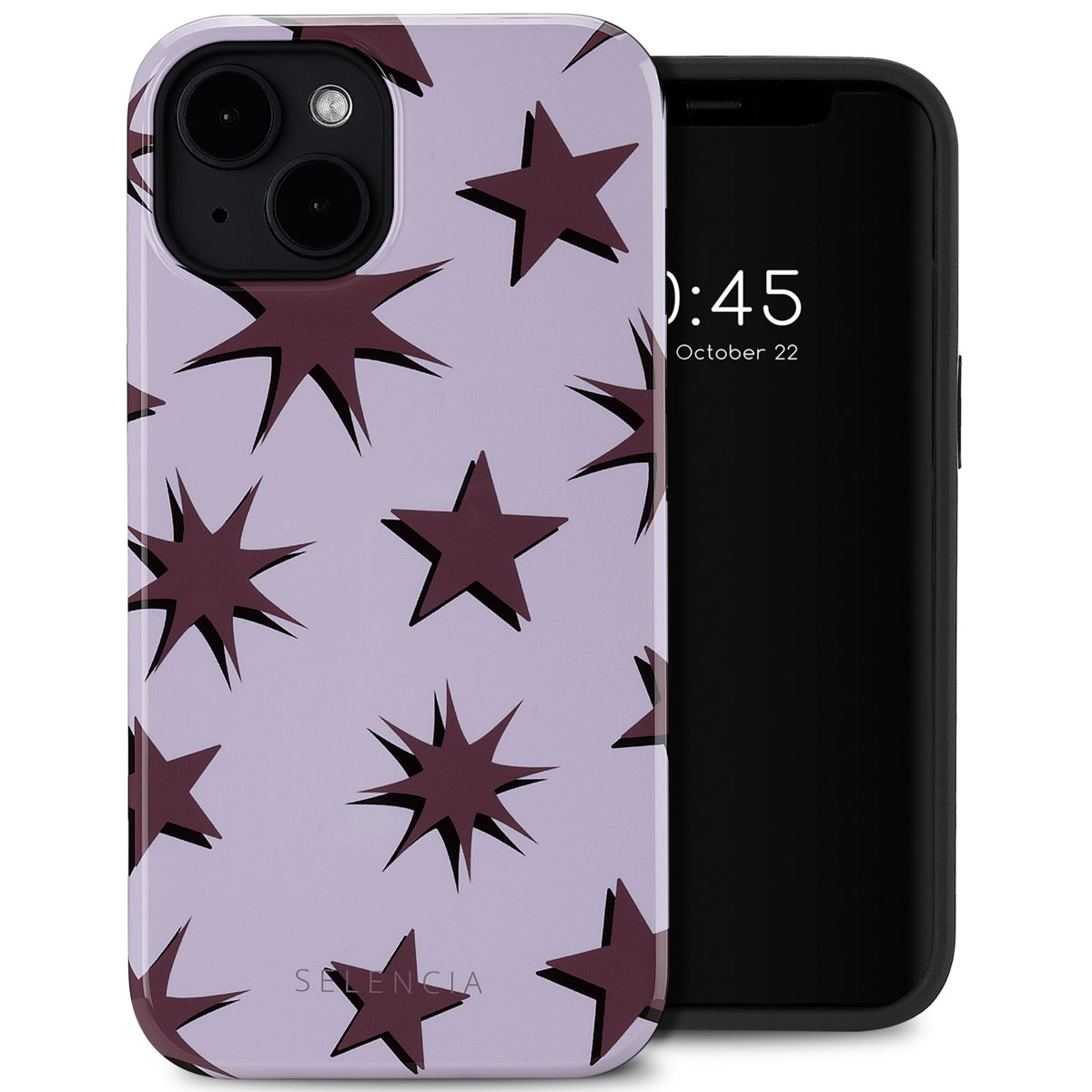 Telefoonhoesje met bordeauxrood sterrenpatroon en een zwarte telefoon die de tijd weergeeft.
