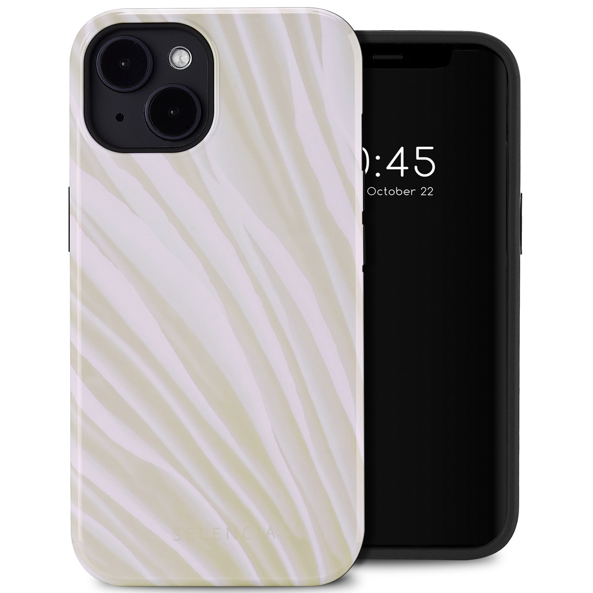 iPhone met zebra-gestreepte hoes, zwart scherm. Tijd weergegeven. Witte en zwarte achtergrond.