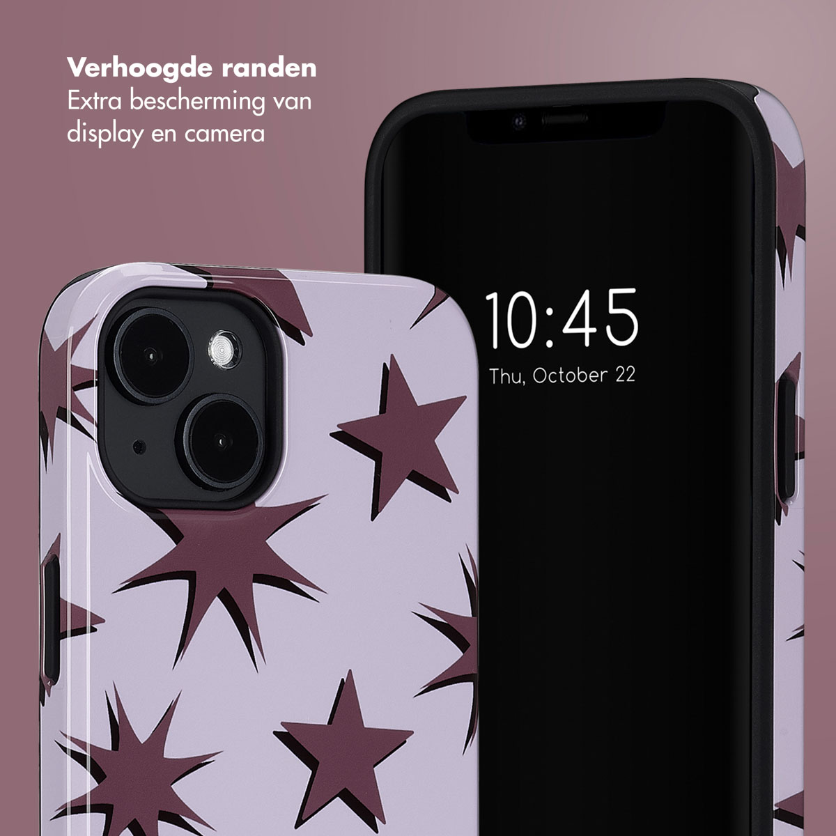 Zwarte iPhone in hoesje, lichtpaars met donkerpaars sterrenpatroon. Scherm toont 10:45, 22 okt, donderdag.