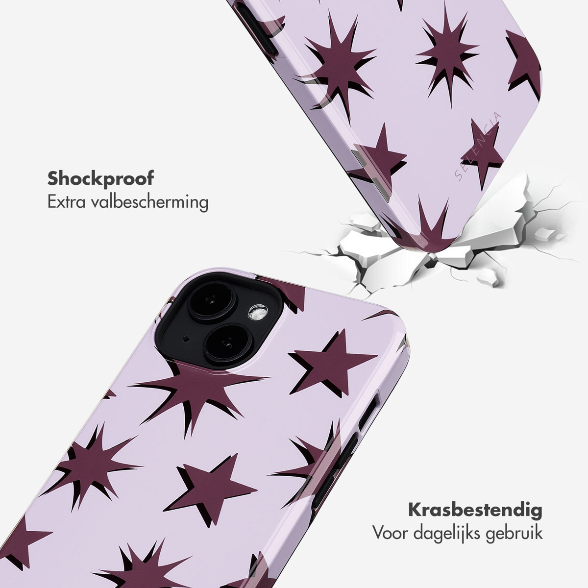 Een telefoonhoesje met een sterrenpatroon breekt, met de tekst 'Shockproof' en 'Krasbestendig'.