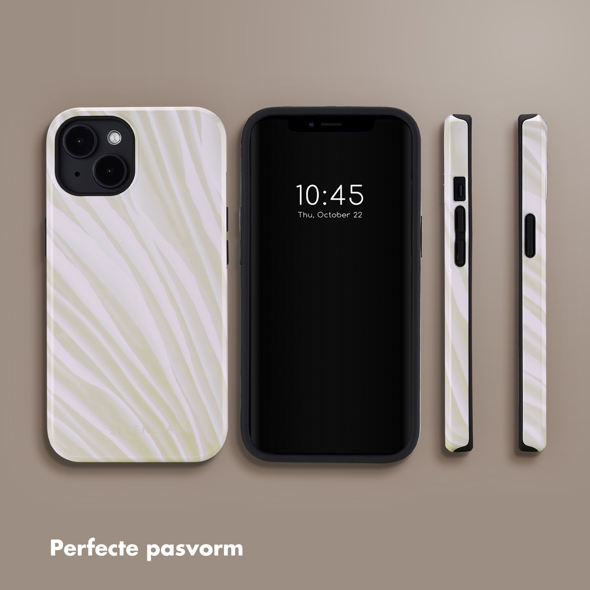 Drie telefoonhoesjes, wit en zwart, met een telefoon in het midden, op een beige achtergrond.
