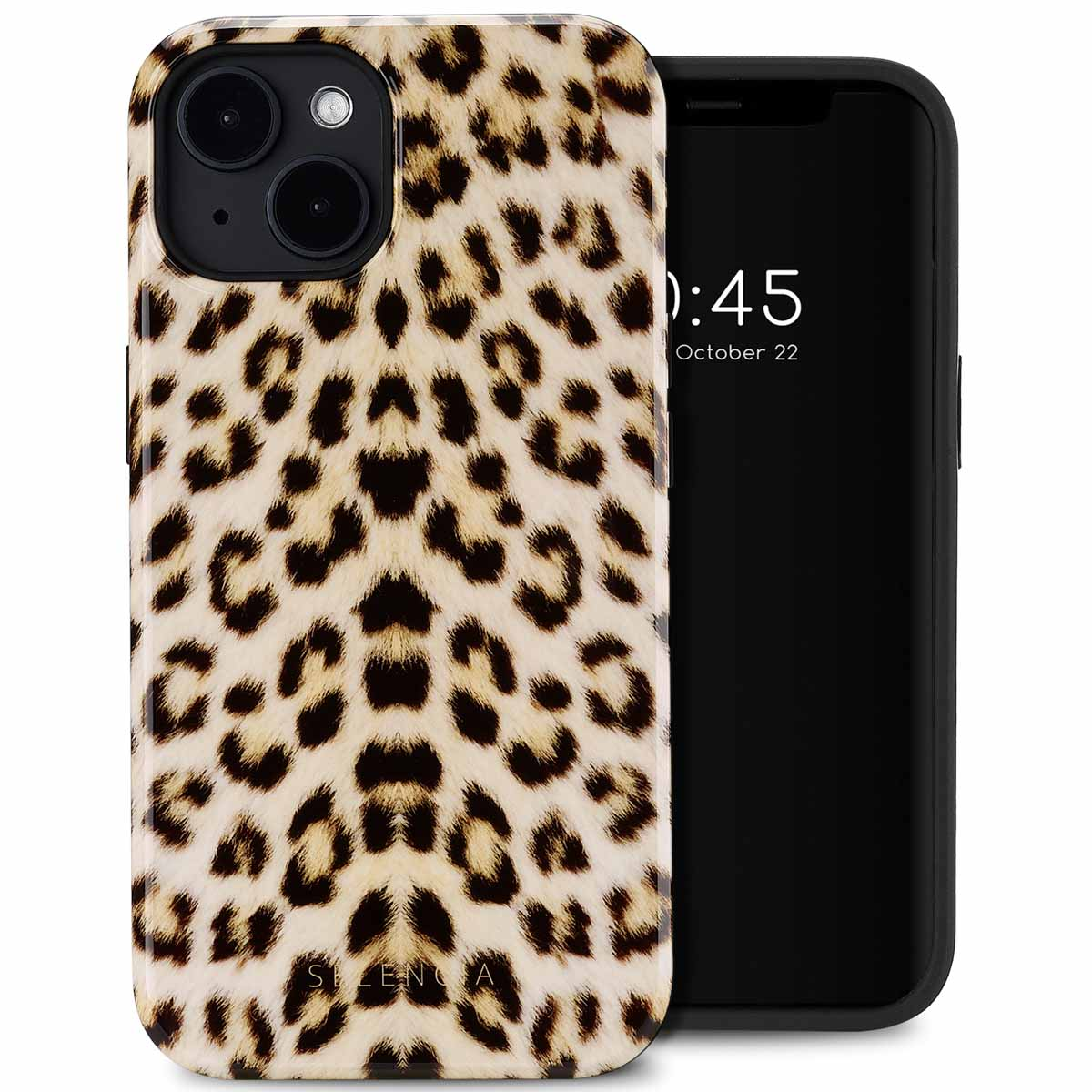 Telefoon met luipaardprint hoesje, zwart scherm met tijd. Op het hoesje staat Silenga.