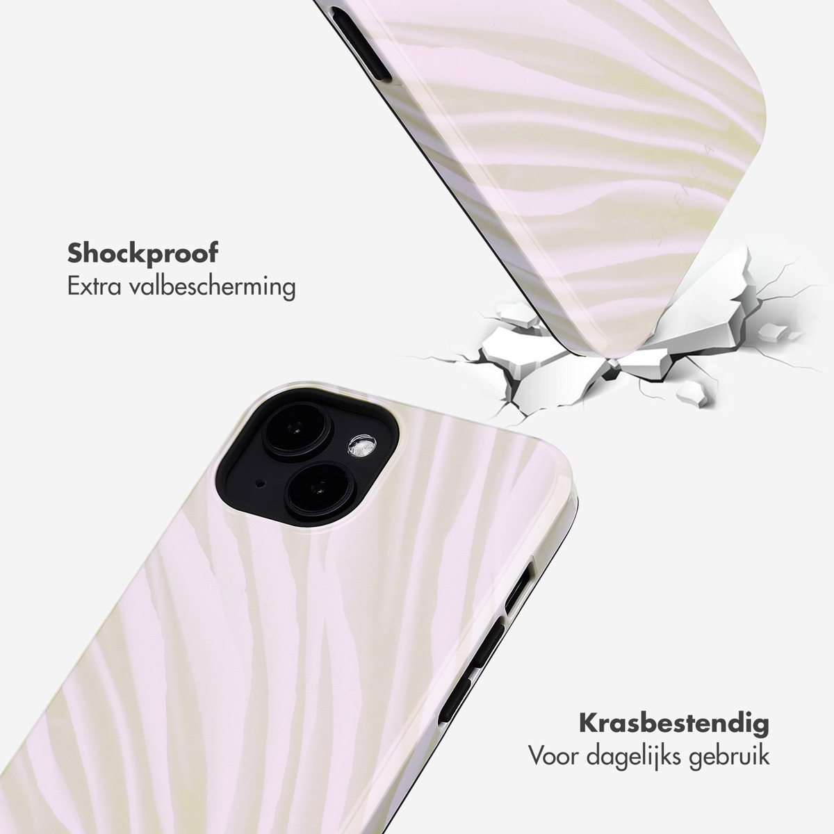 Een telefoonhoesje met een wit zebrapatroon dat op een oppervlak valt. Tekst zegt 'Schokbestendig'.