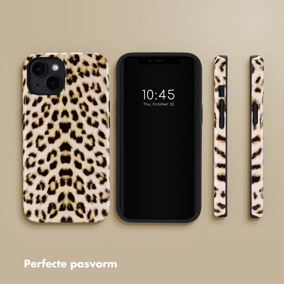 Telefoonhoesje met luipaardprint en scherm, met twee bijpassende zijkanten, op een beige oppervlak. Tijd: 10:45.