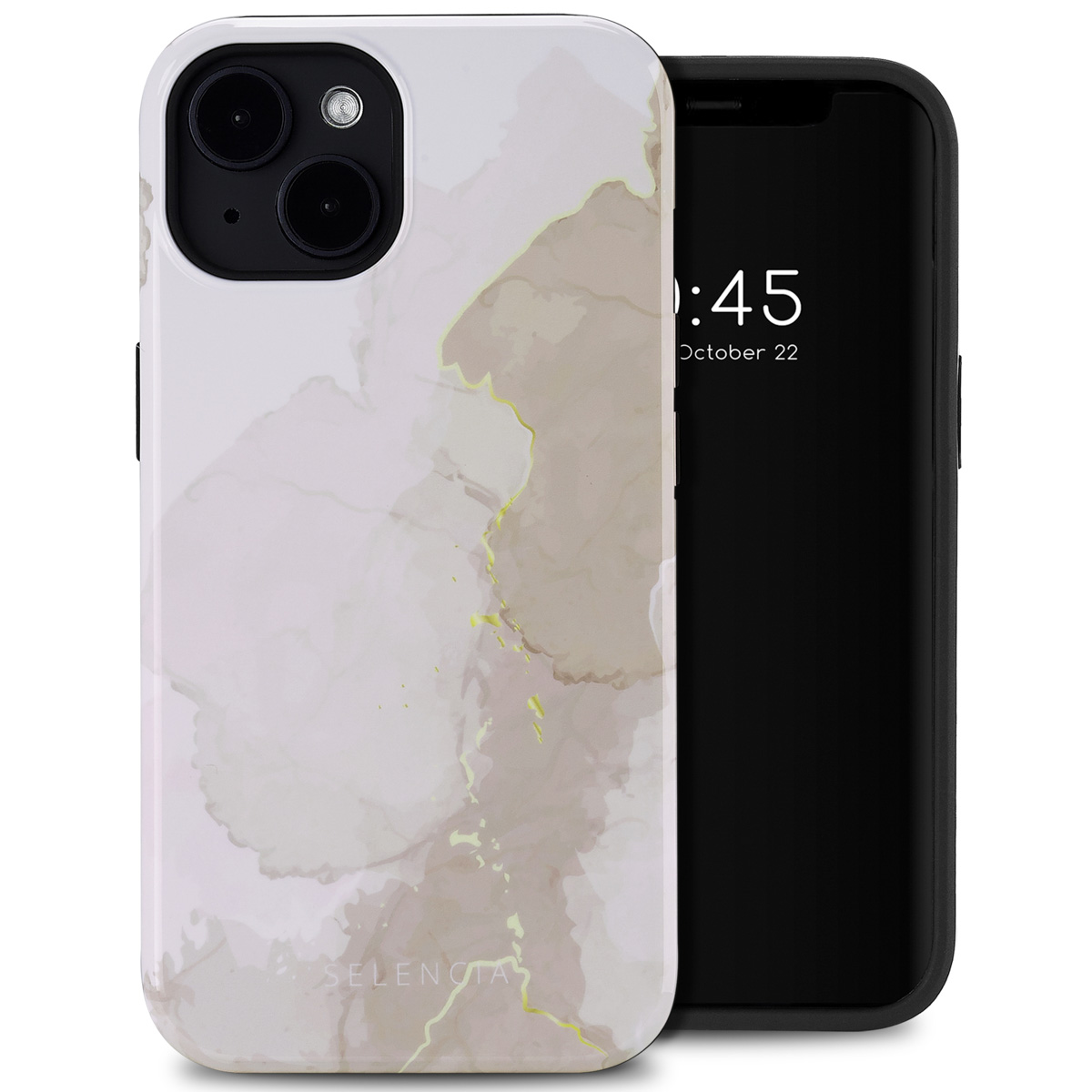 Telefoon in een beschermhoesje met een marmer ontwerp, en een zwarte camera.