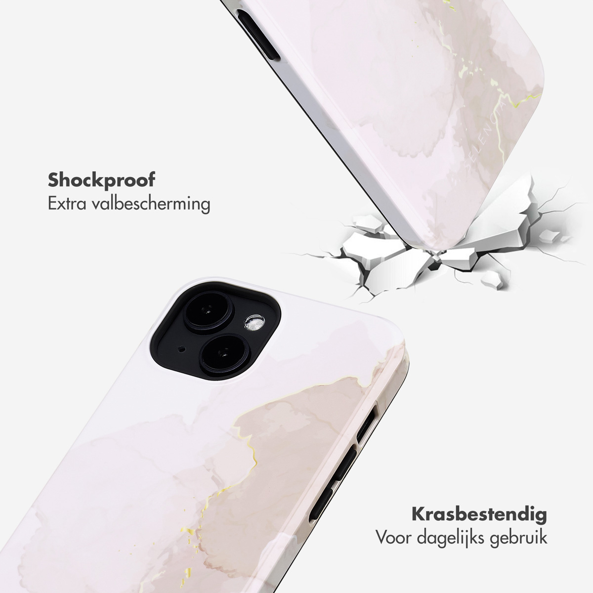 Twee telefoonhoesjes met marmerdesign. Eén gebarsten, toont de schokbestendigheid.