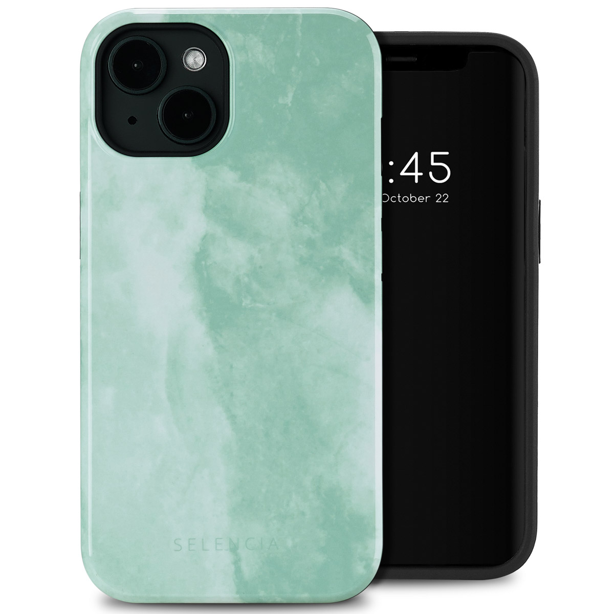 Coque de téléphone sur un téléphone noir. La coque est vert clair avec des marbrures blanches.
