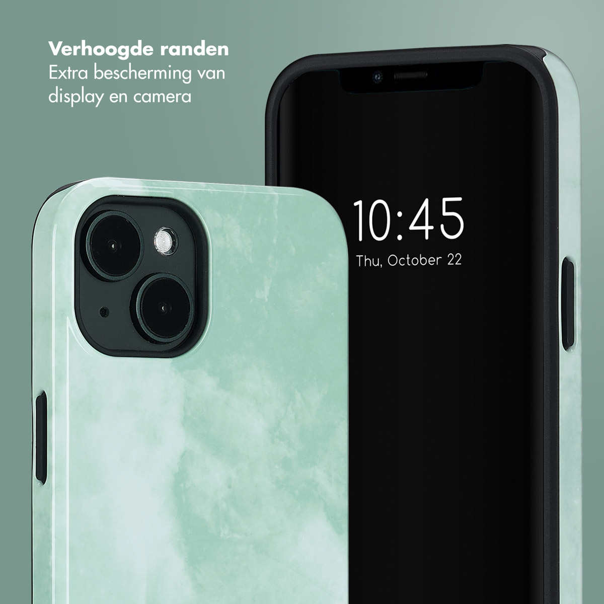 Téléphone avec étui, un design marbré vert, avec un affichage de l'heure et de la date à l'écran.