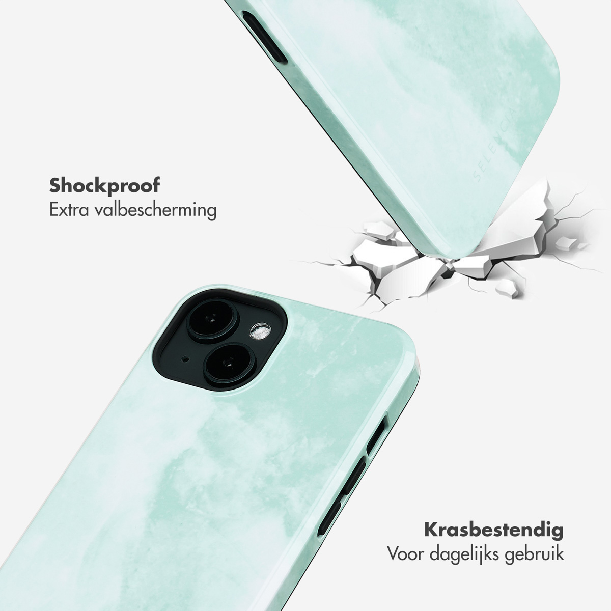 Une coque de téléphone avec un motif marbré bleu clair. Elle est présentée à côté d'une surface fissurée.