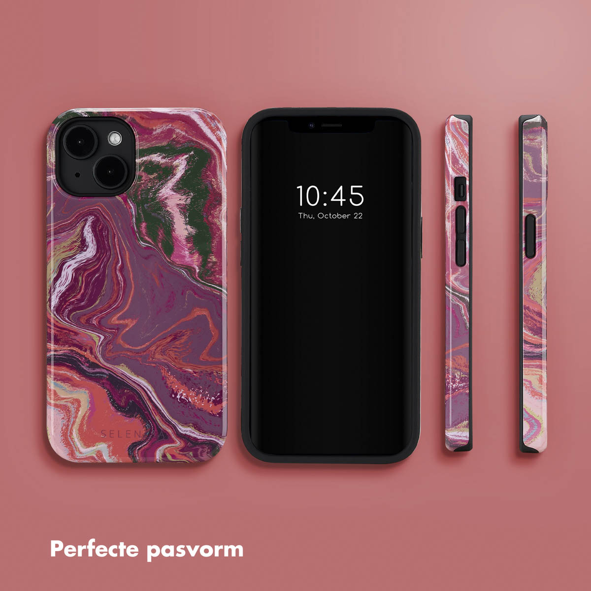 Tre telefoni con custodie dal design marmorizzato e uno sfondo rosa, che mostrano il design del telefono.