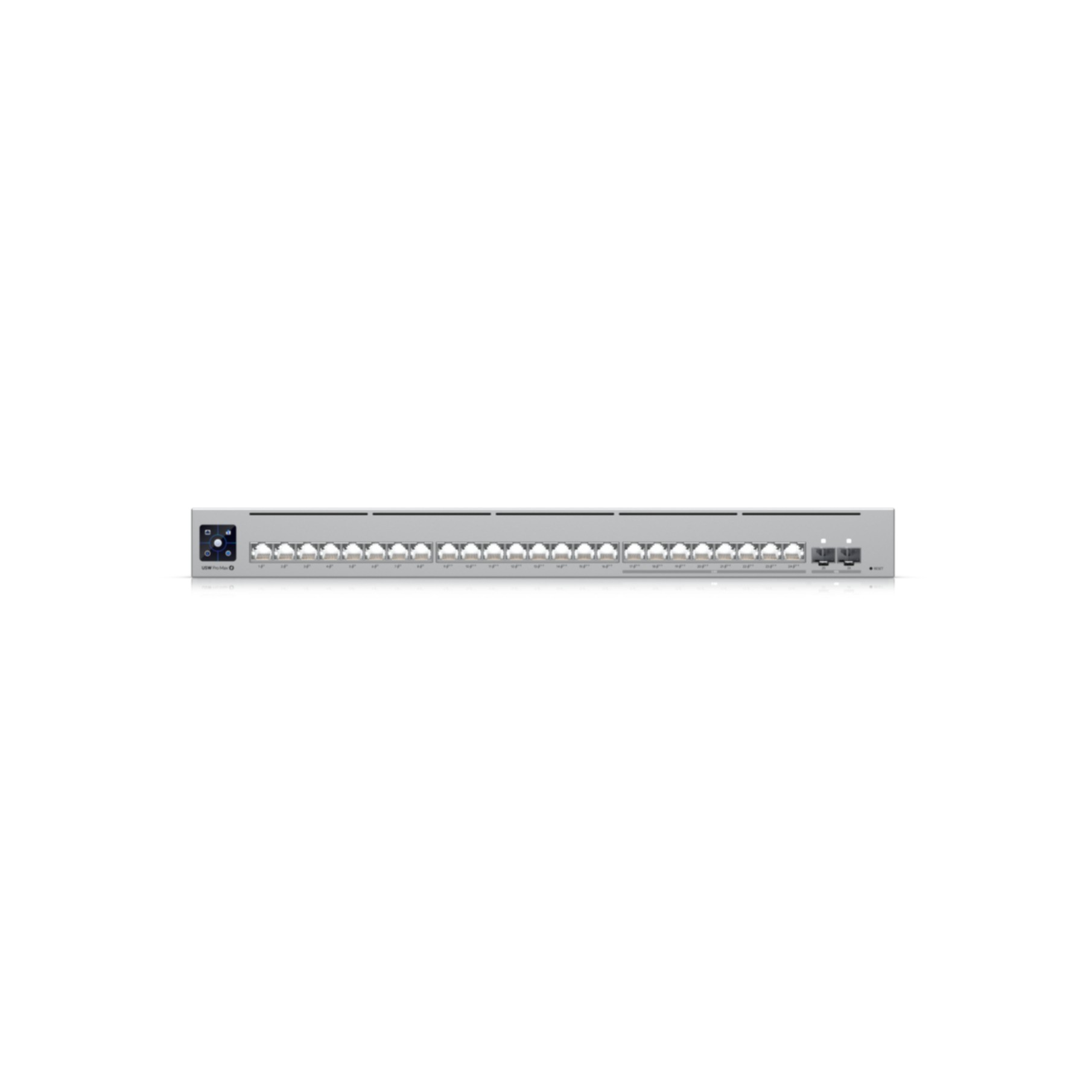 Ein Netzwerk-Switch mit mehreren Ports, silberfarben, vor weißem Hintergrund.
