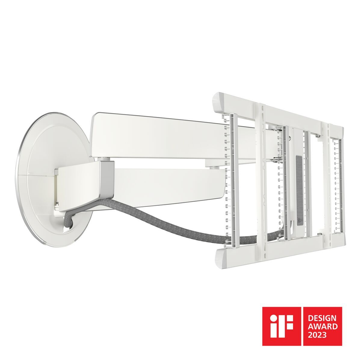 Biały uchwyt ścienny do telewizora z logo nagrody za design.