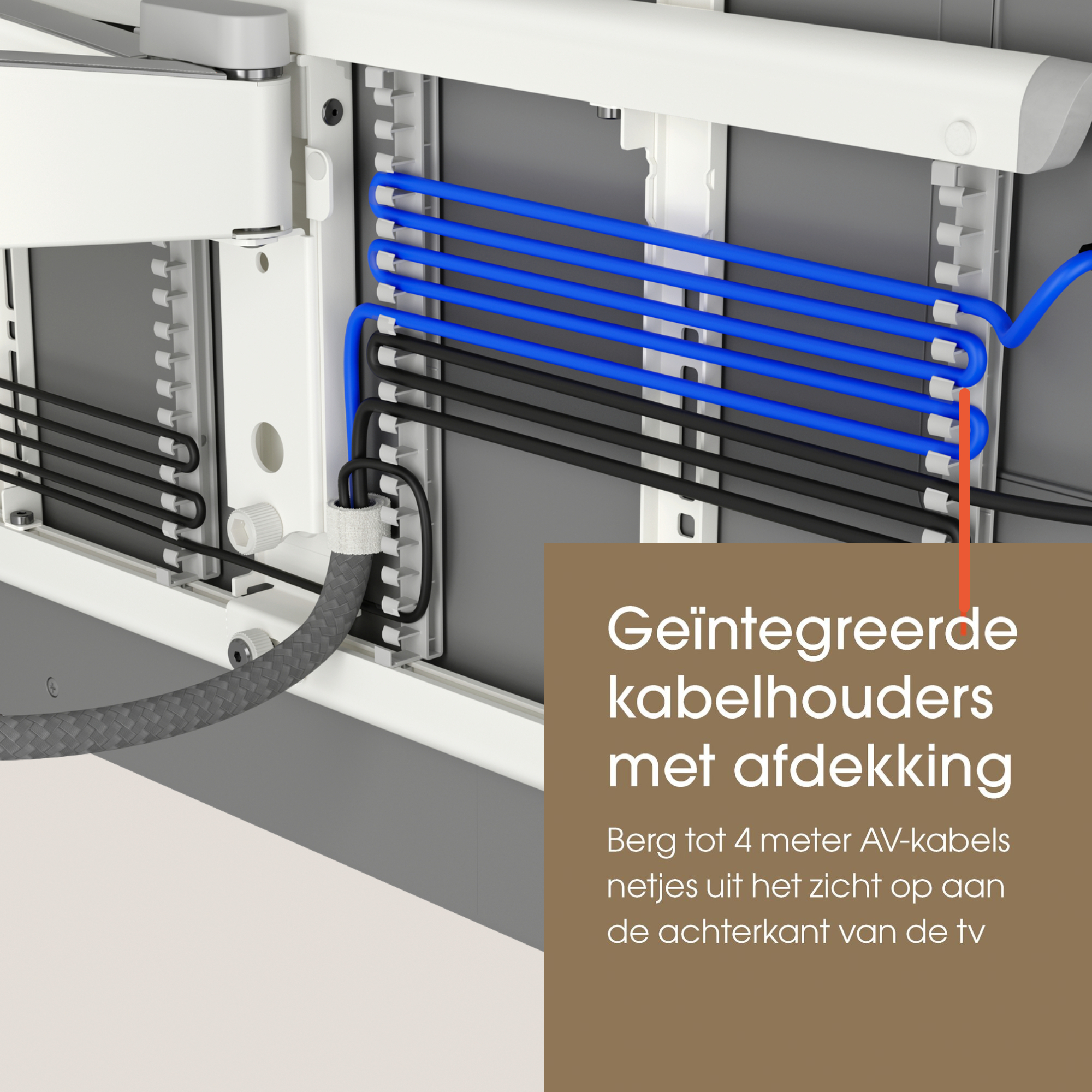 Otwarta szafka z kablami. Niebieskie i czarne kable są ułożone. Tekst: Zintegrowane uchwyty kablowe z osłoną.
