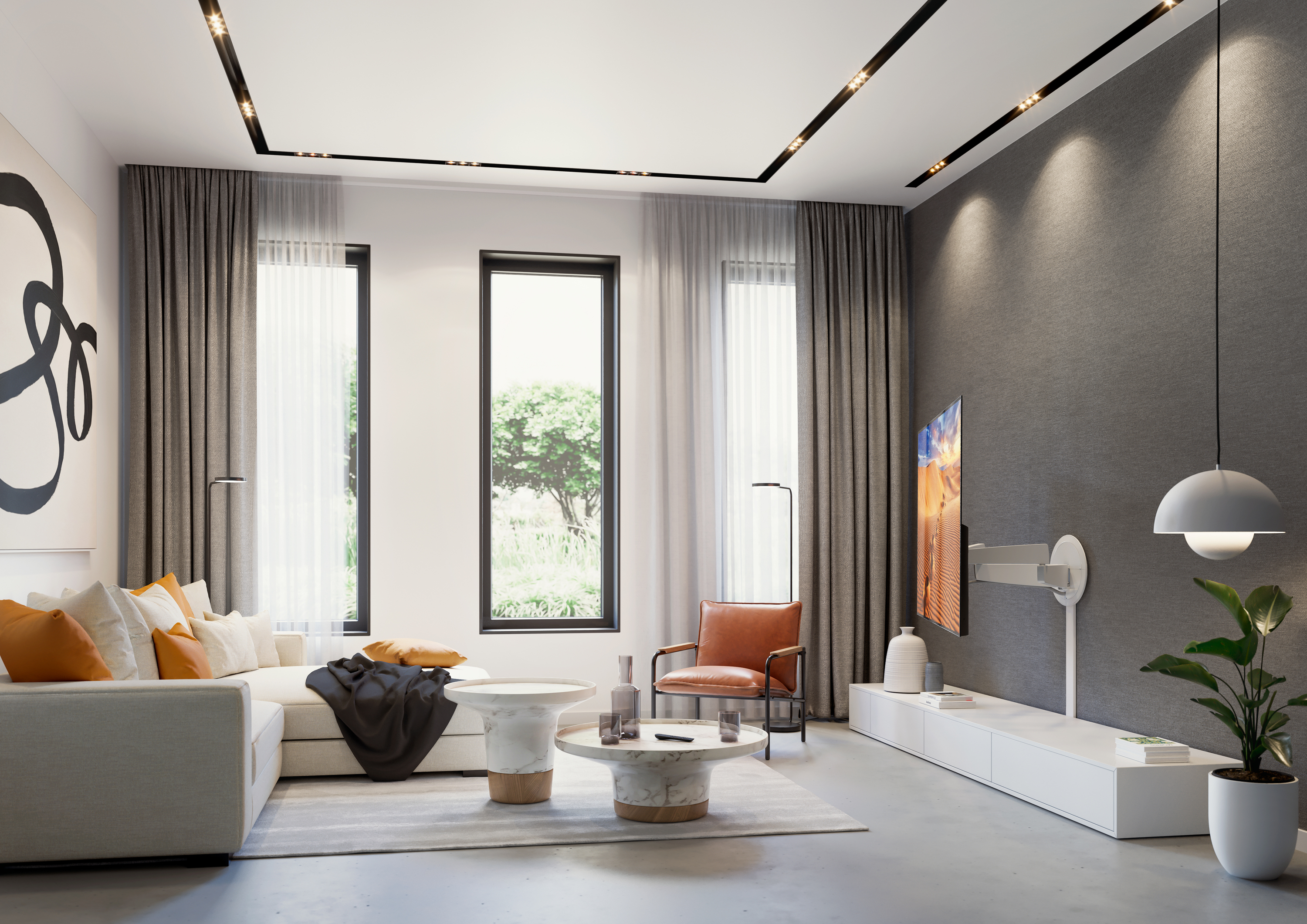 Salon z białą sofą, szarymi ścianami i dużym oknem. Nowoczesny design.