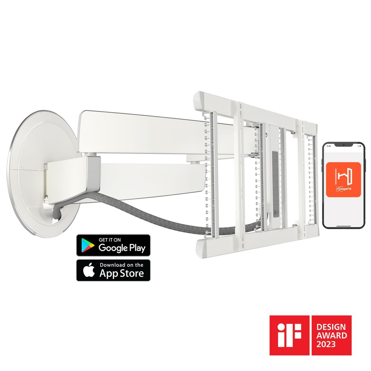 Biały uchwyt ścienny z telefonem i ekranem aplikacji. Czarno-białe tło.