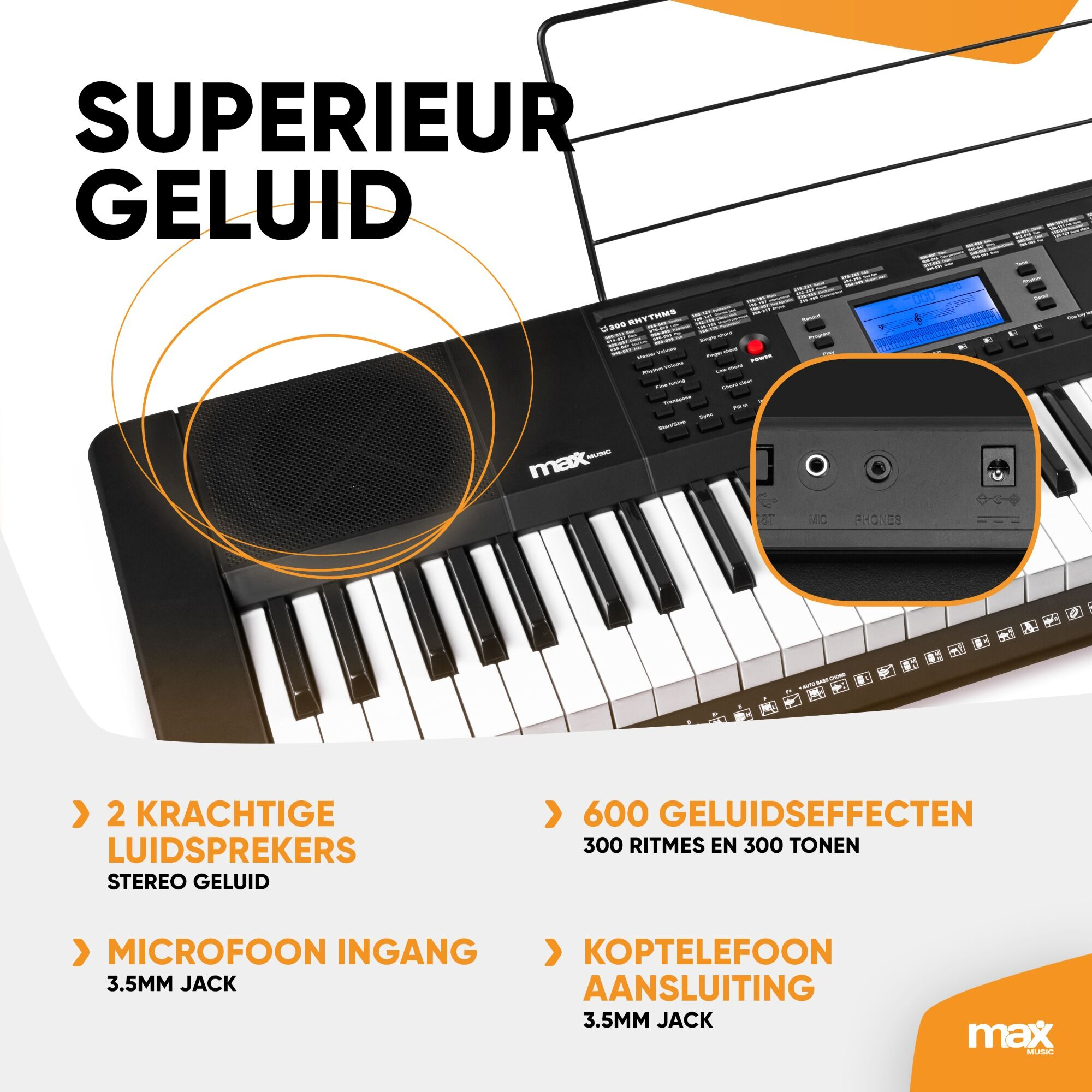 Teclado negro con teclas blancas, altavoz negro y panel de control. Texto: Superieur Geluid.