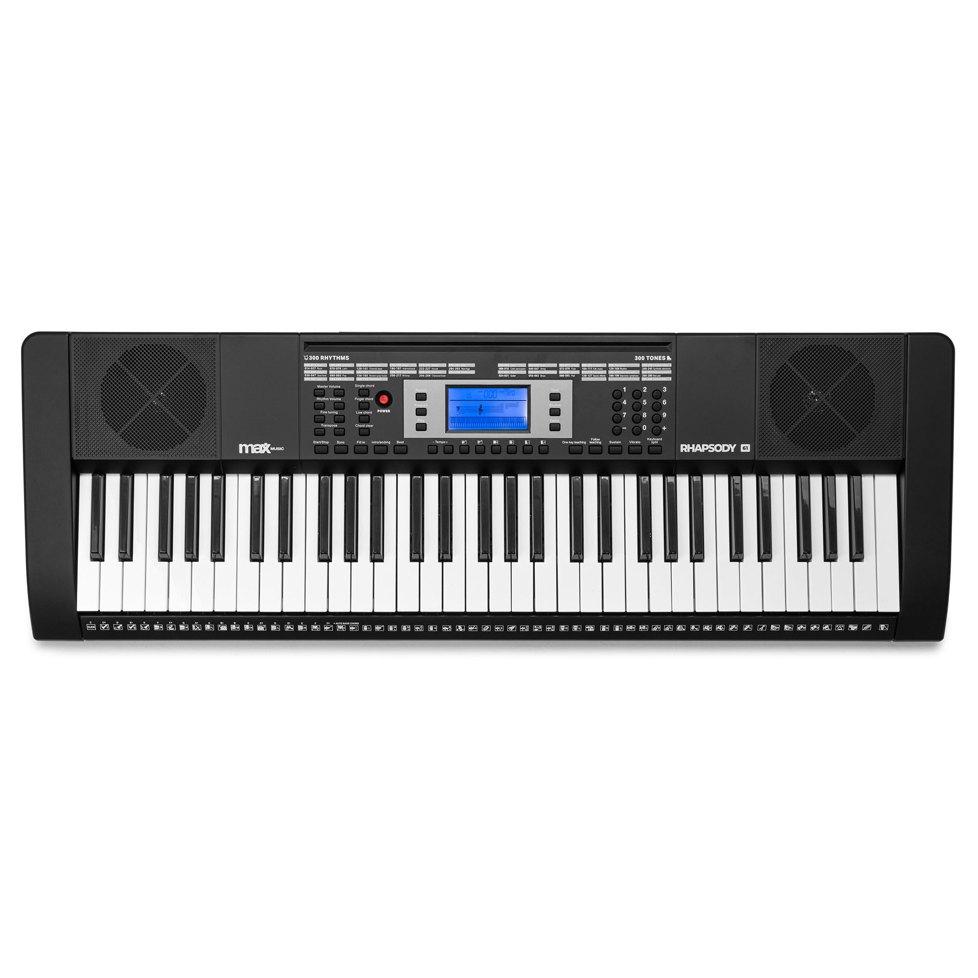 Teclado negro con teclas blancas. Tiene botones, altavoces y una pantalla azul. La marca es Max.