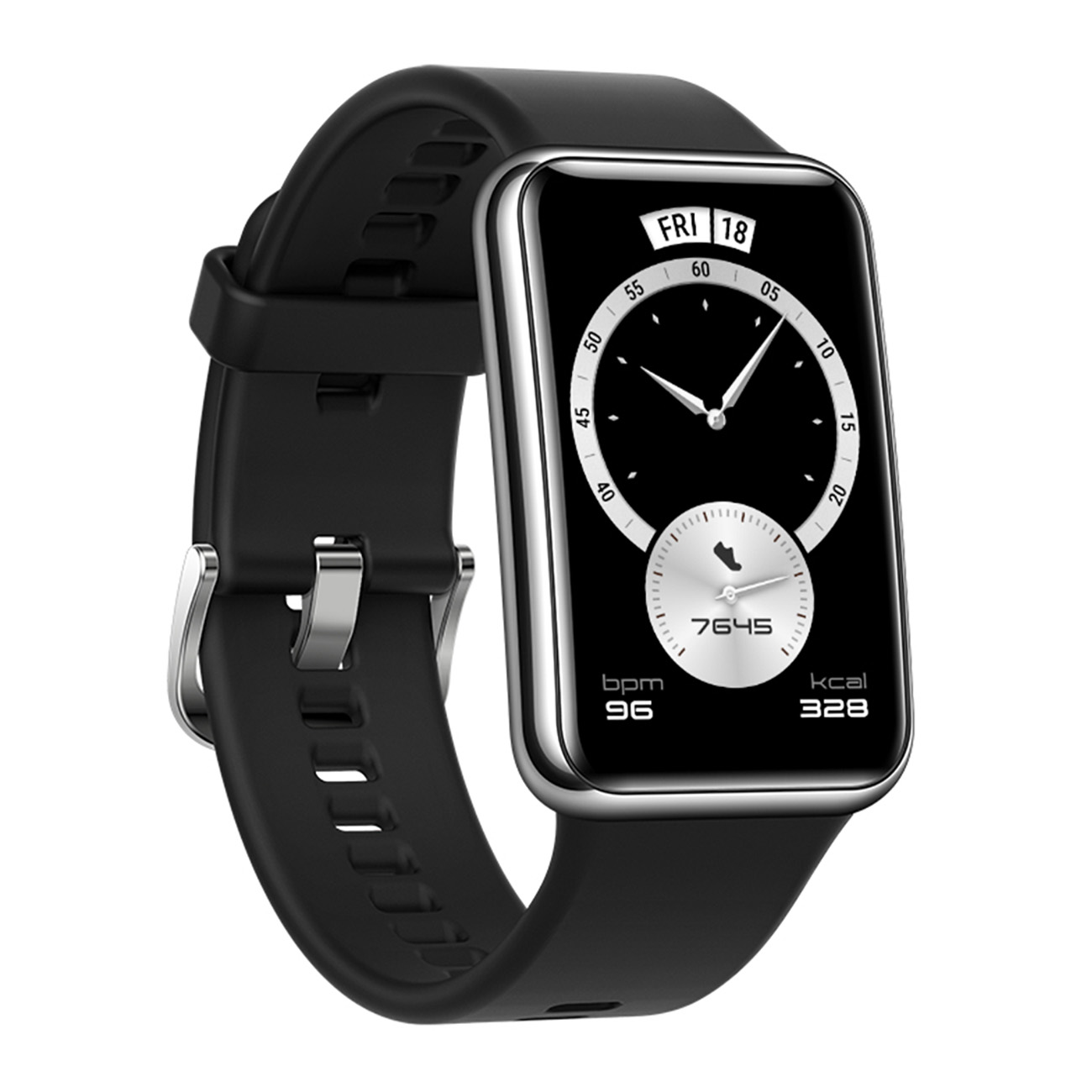 Czarny smartwatch z prostokątnym wyświetlaczem pokazującym czas, dzień i wskaźniki aktywności.