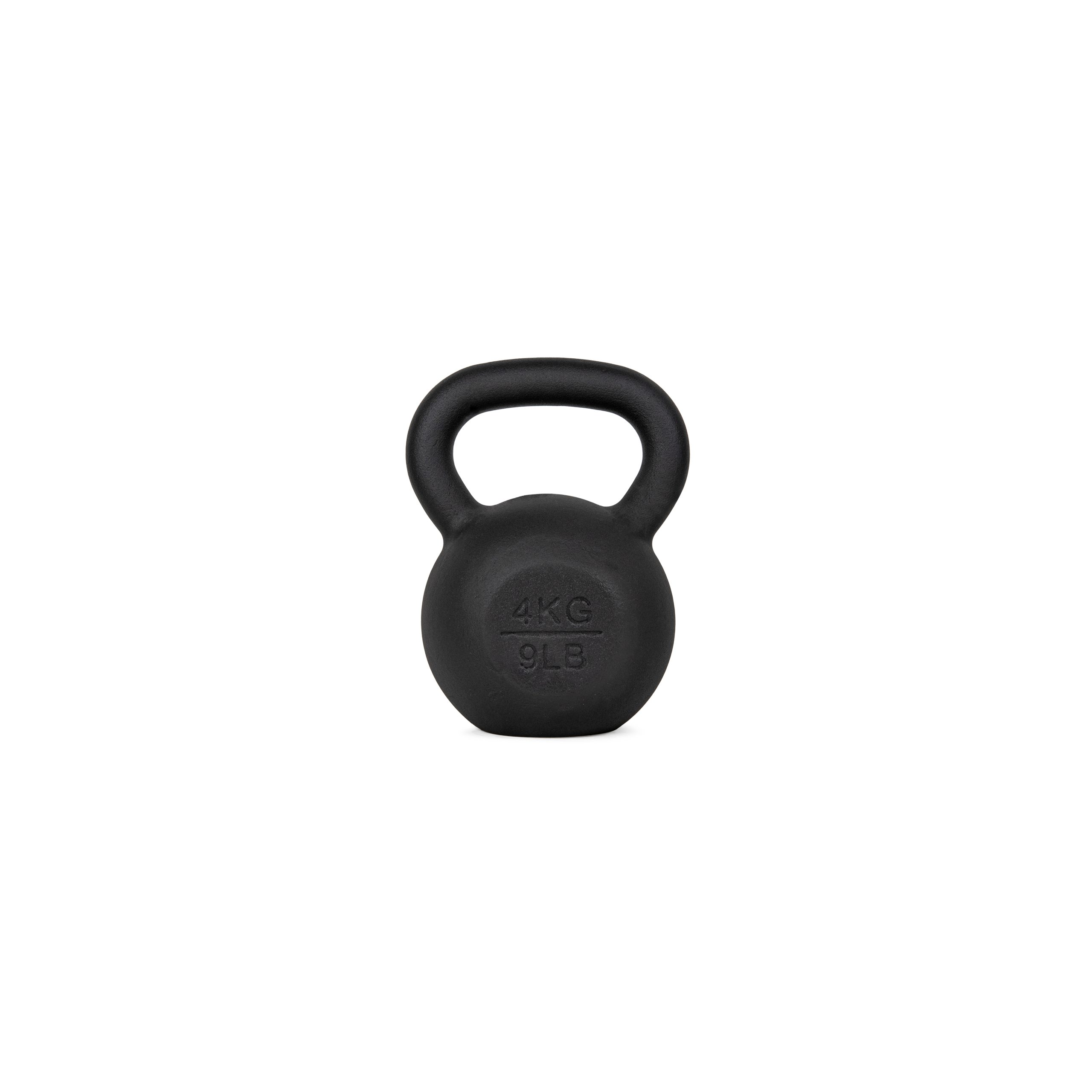 Eine schwarze Kettlebell mit 4KG/9LB darauf geschrieben. Der Hintergrund ist weiß.
