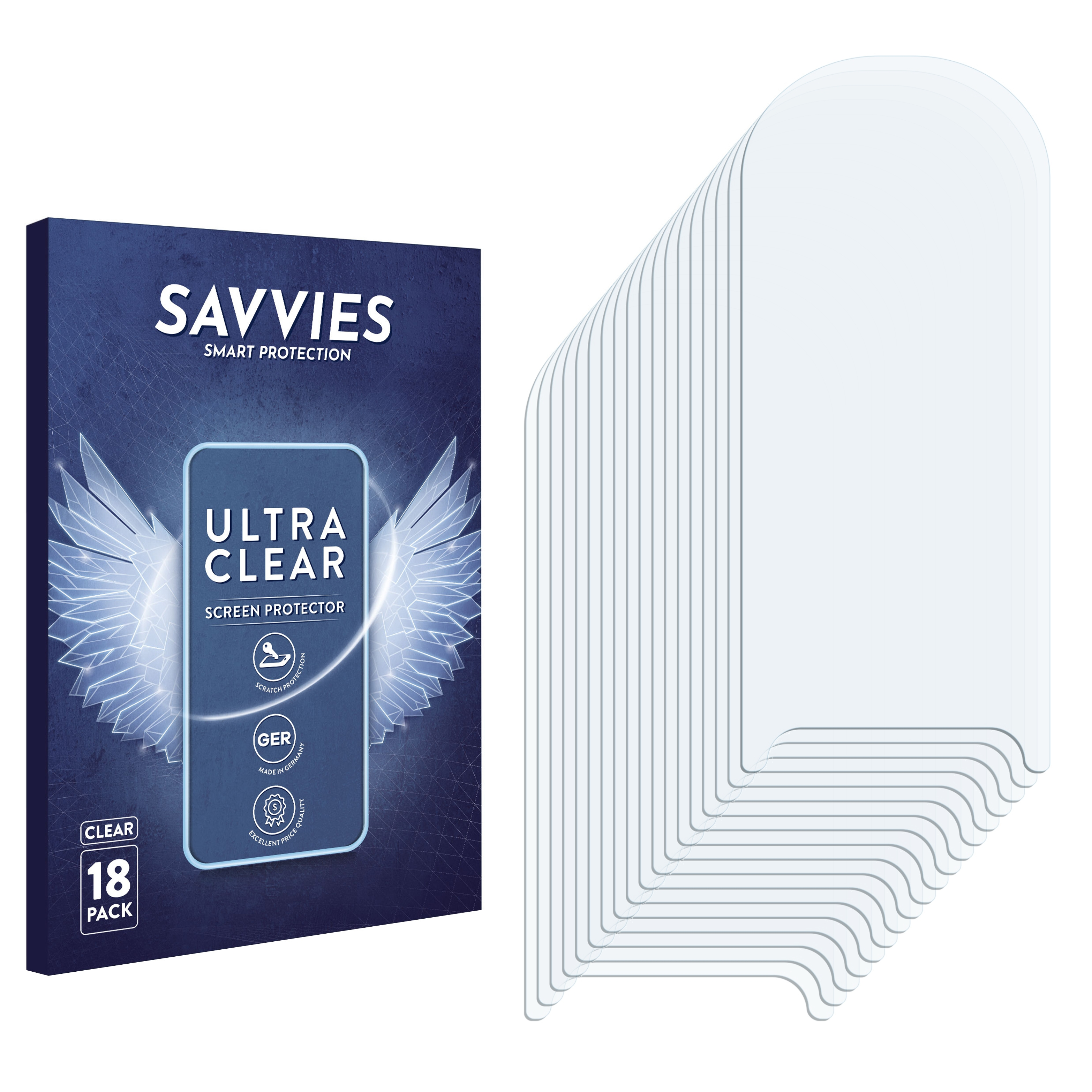 Eine Box mit blauem Flügel-Logo und 18 transparenten Displayschutzfolien. Die Schutzfolien haben eine ovale Form.