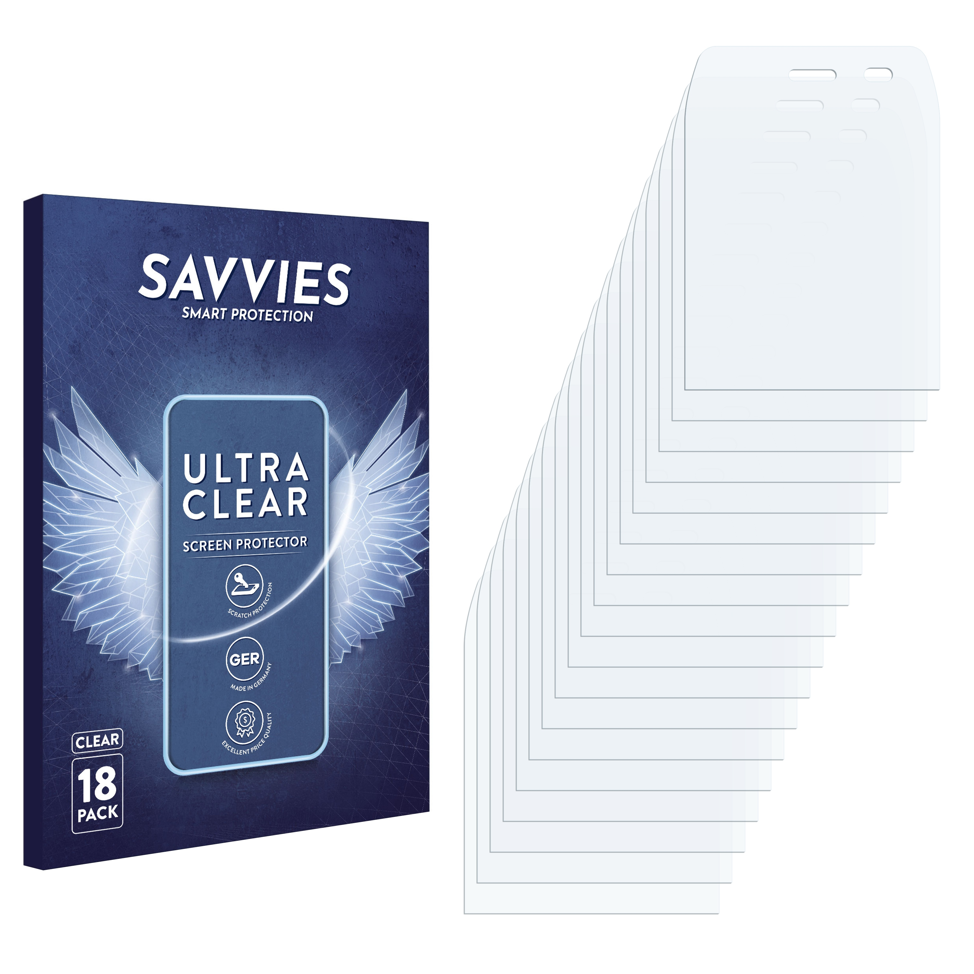 Displayschutzfolien-Verpackung mit achtzehn klaren Schutzfolien. Box mit Handy-Illustration.