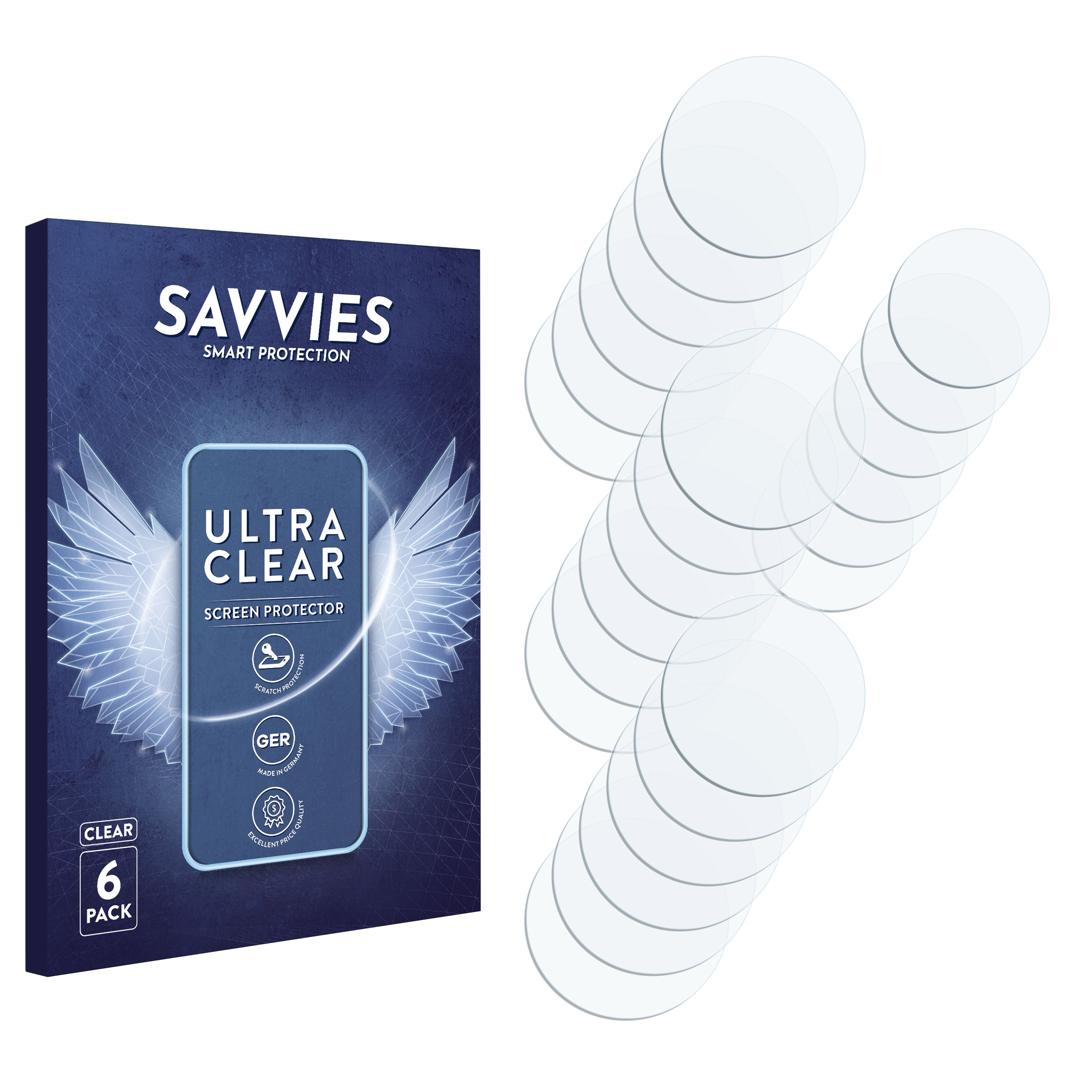 Verpackung und viele runde Displayschutzfolien. Text: Ultra Clear.