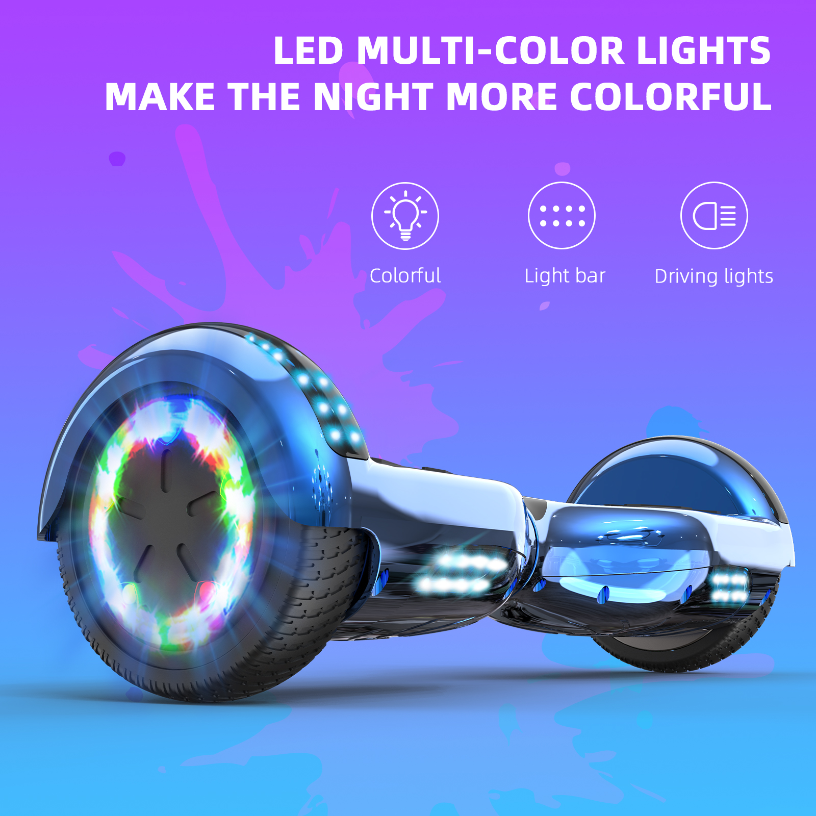 Blau-silbernes Hoverboard mit LED-Leuchten, Text: LED-Mehrfarbenlichter.