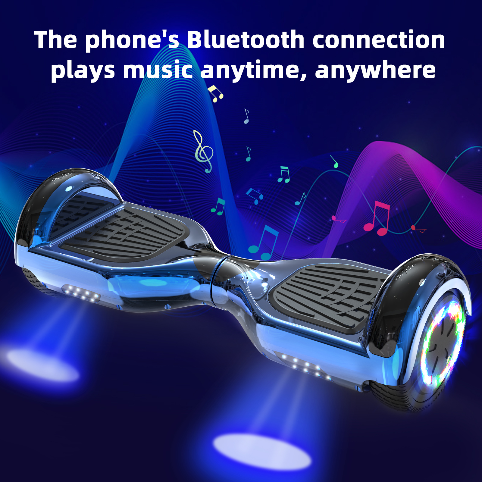 Blaues Hoverboard mit LED-Leuchten. Text: 'Bluetooth-Verbindung spielt Musik'.