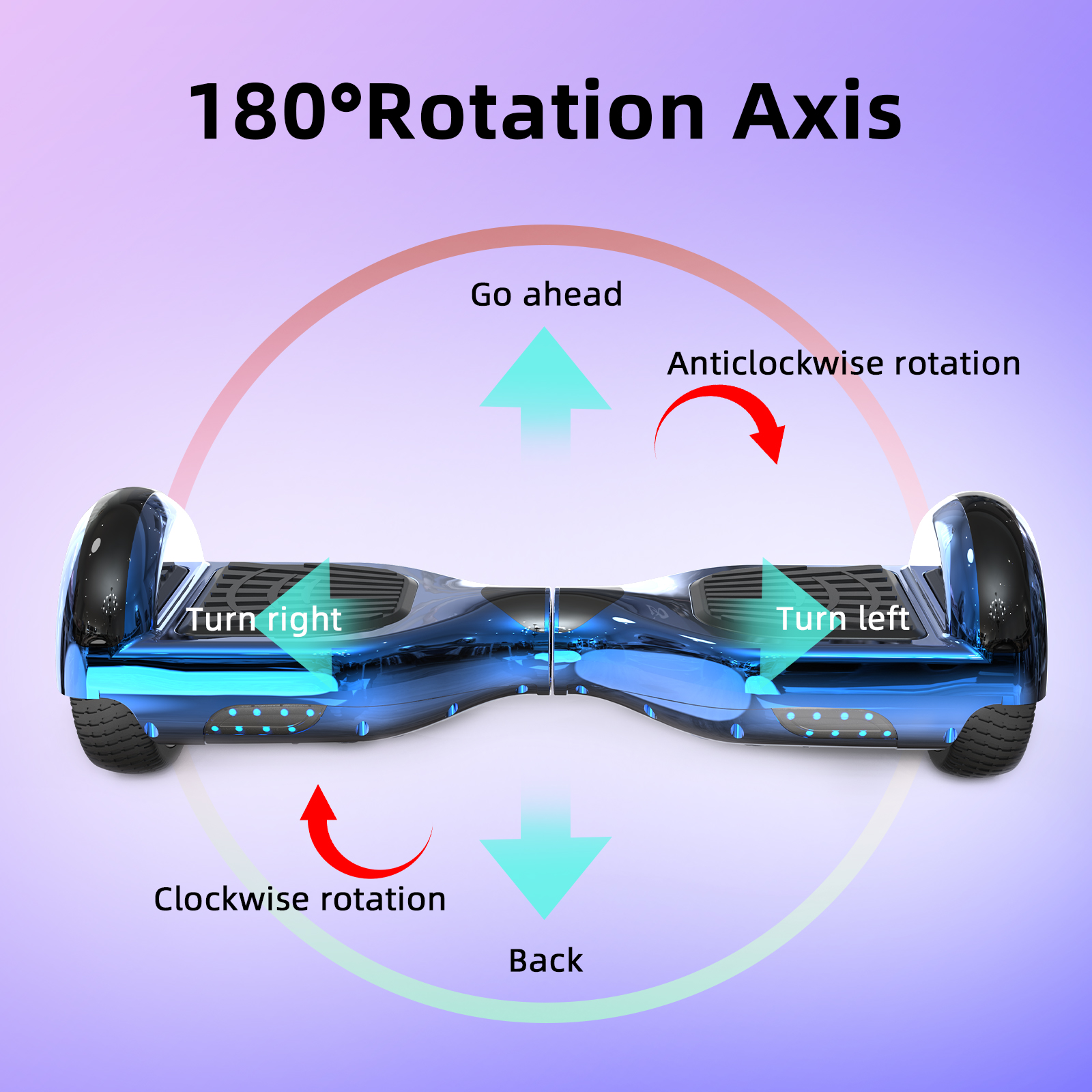 Ein blaues Hoverboard mit Pfeilen, die Richtungen anzeigen: rechts, links, zurück und vorwärts.