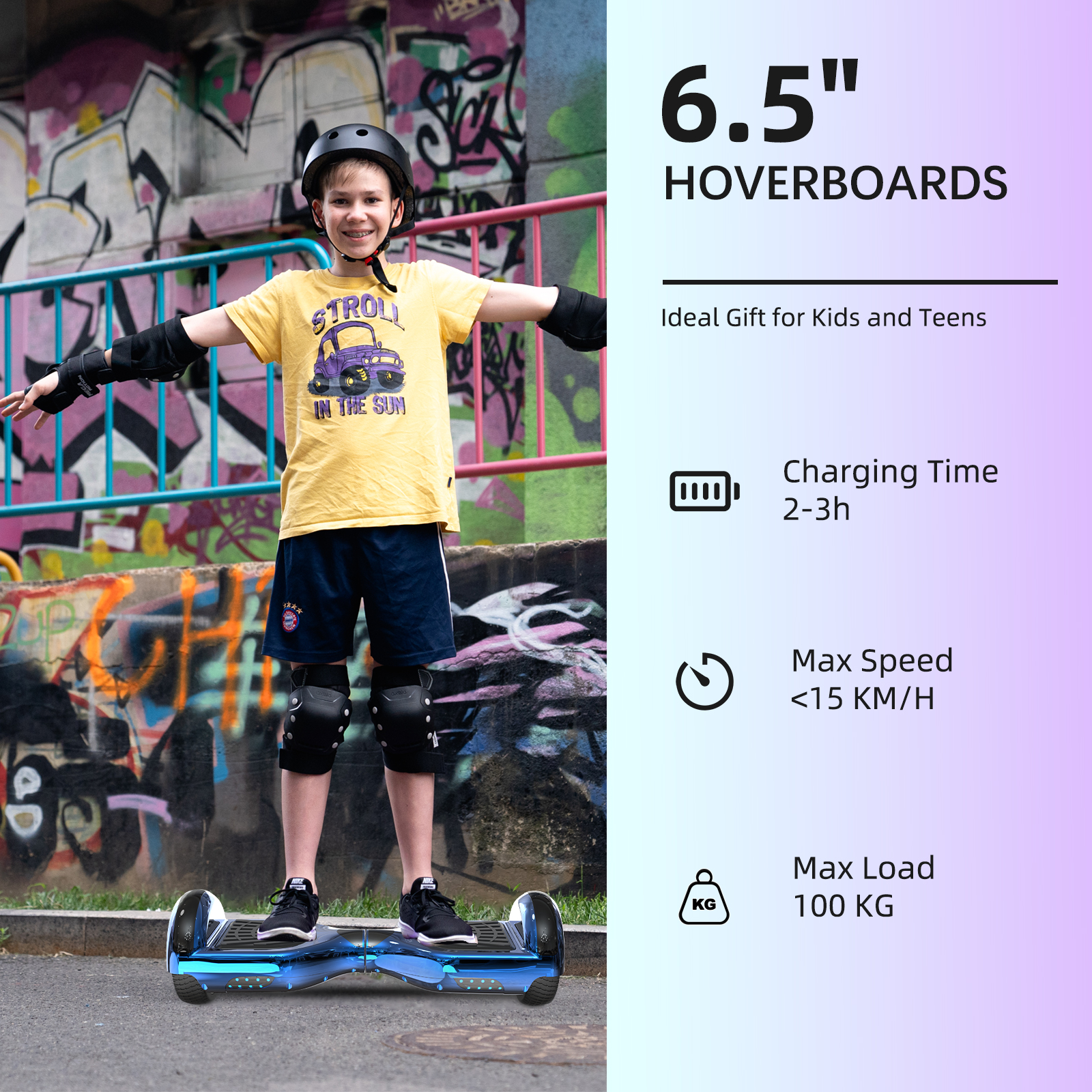 Ein Junge mit Hoverboards, Helm und Schützern, mit Text über Geschwindigkeit und Belastung.