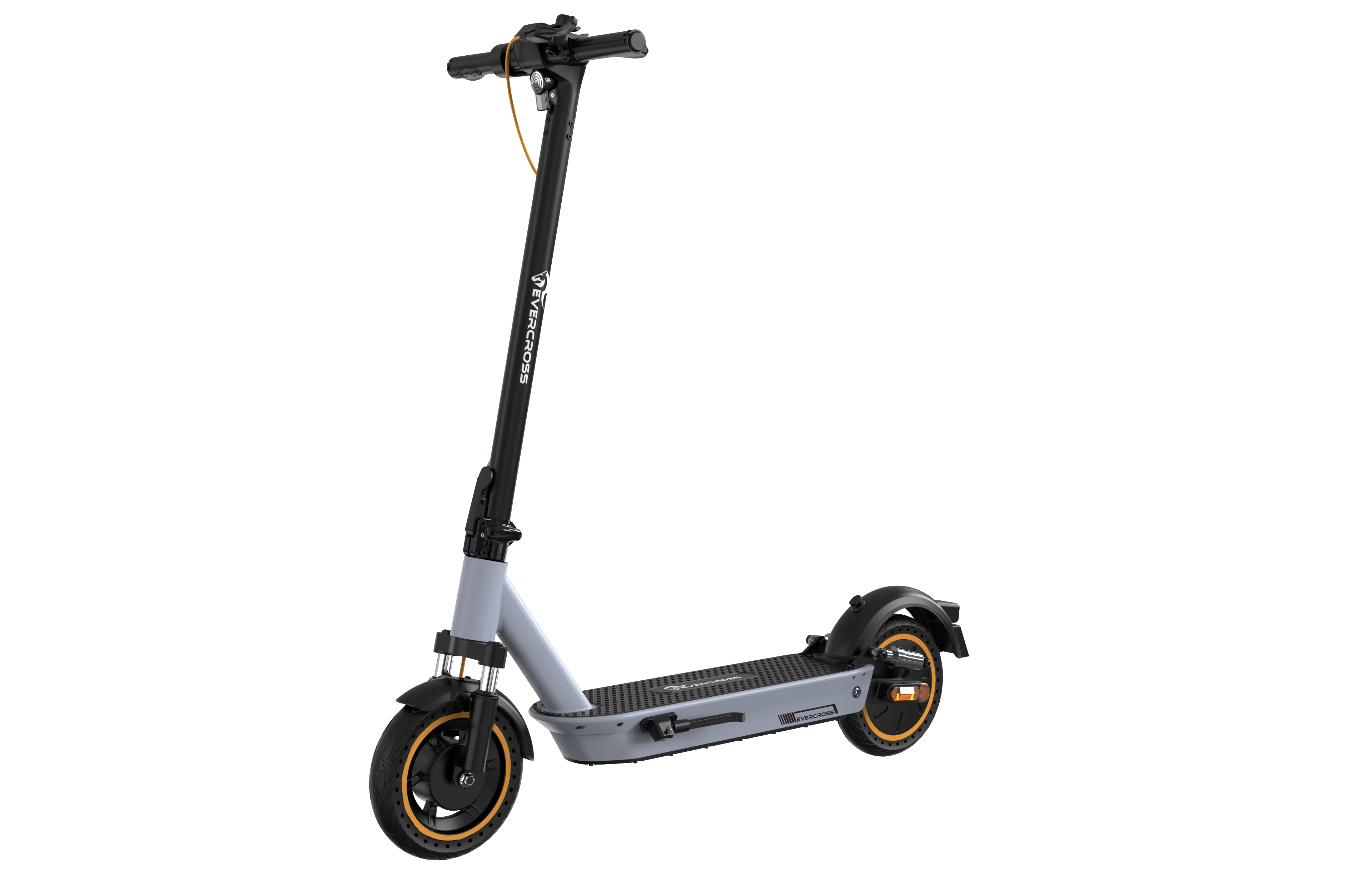 Un monopattino elettrico. Ha manubrio nero, corpo grigio e dettagli arancioni sulle ruote.