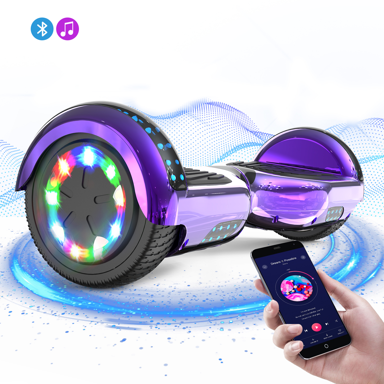 Lila Hoverboard mit bunten Lichtern, ein Handy mit Musik-App in der Hand des Benutzers.