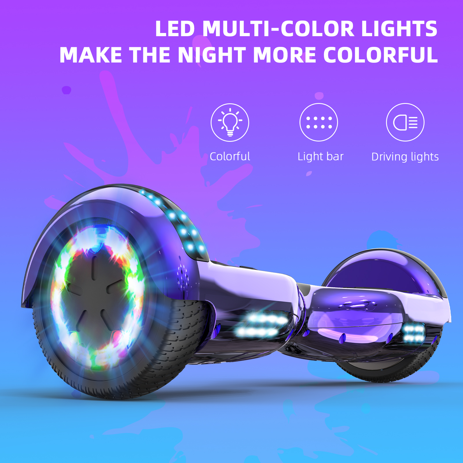 Lila Hoverboard mit LED-Lichtern. Text: LED-Leuchten machen die Nacht bunter. Icons: bunt, Lichtleiste, Fahrlichter.