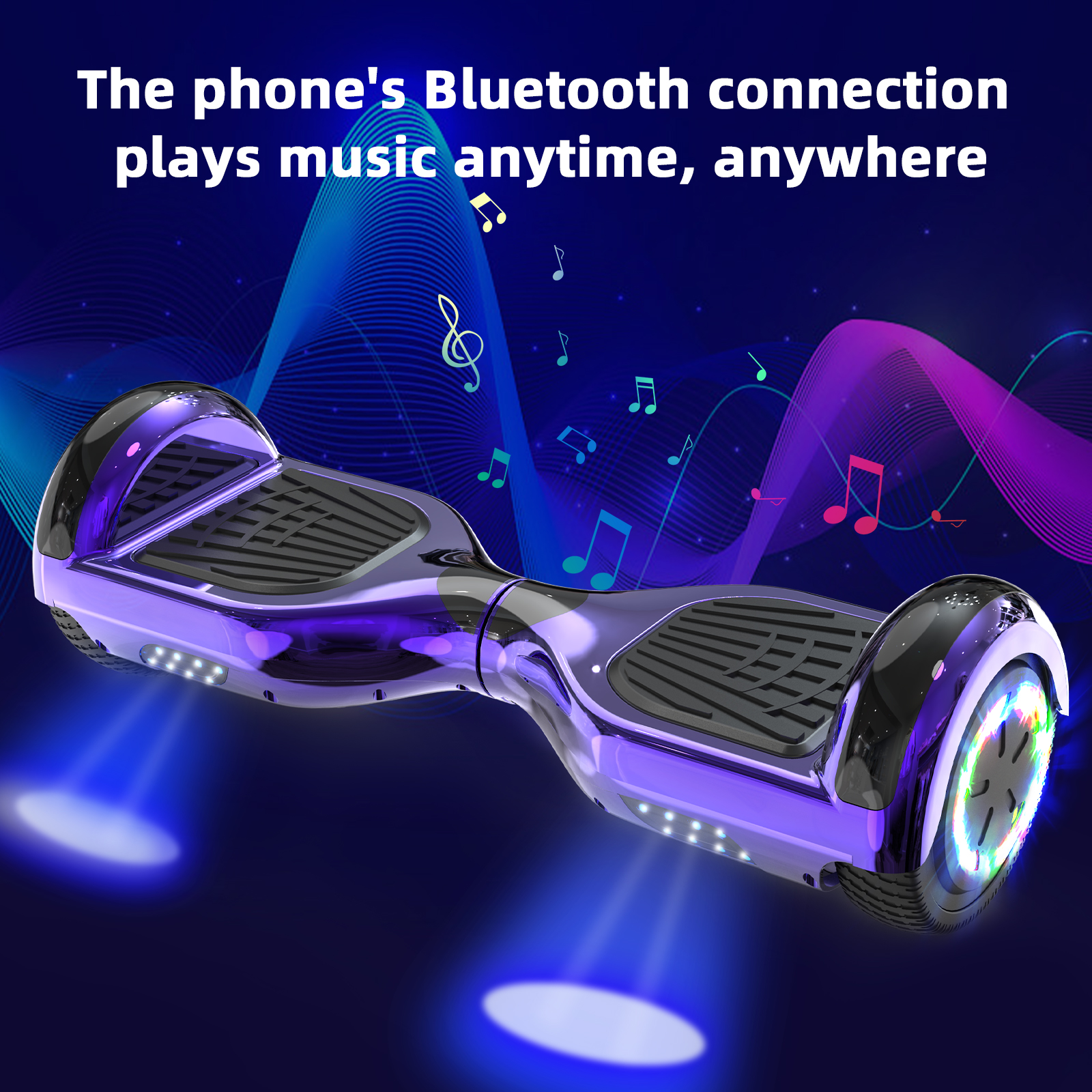 Ein lilafarbenes Hoverboard mit Lichtern steht auf einer Oberfläche. Musiknoten schweben herum.