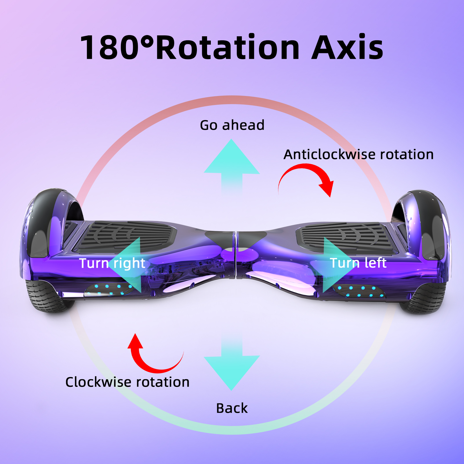 Ein lila-schwarzes Hoverboard mit Text, der Richtungen angibt: rechts, links, zurück und vorwärts.