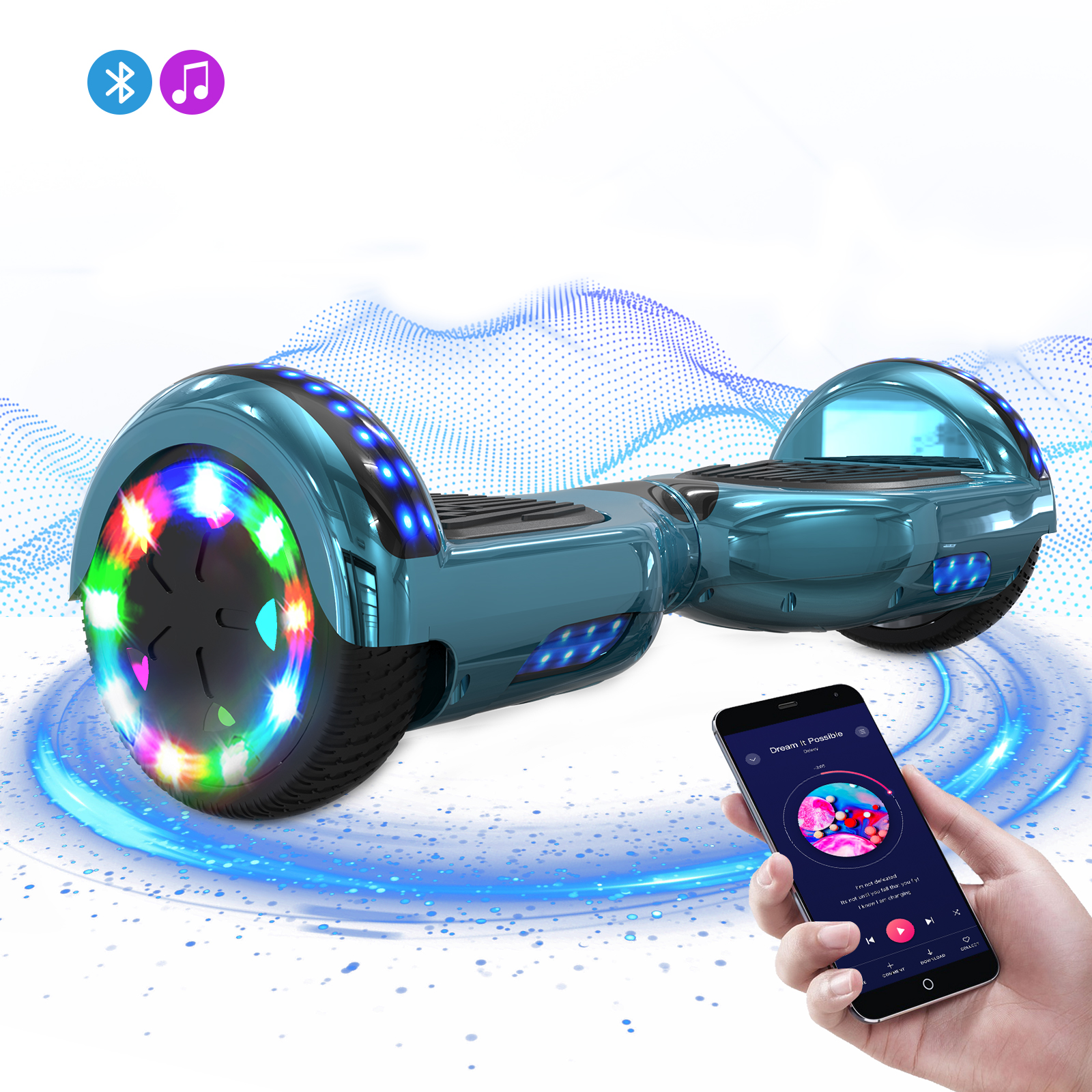 Blaues Hoverboard mit bunten Radlichtern, Telefon mit Musik-App.