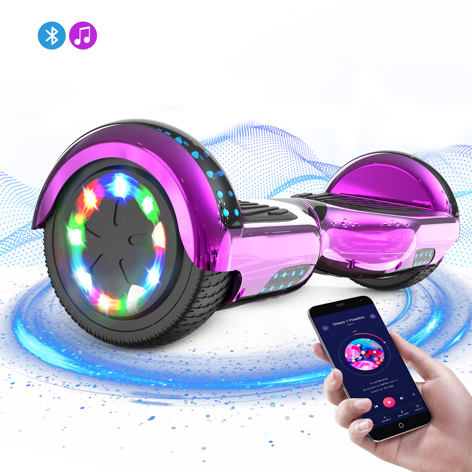 Lila Hoverboard mit bunten Lichtern an den Rädern. Eine Hand hält ein Smartphone mit einer Musik-App.