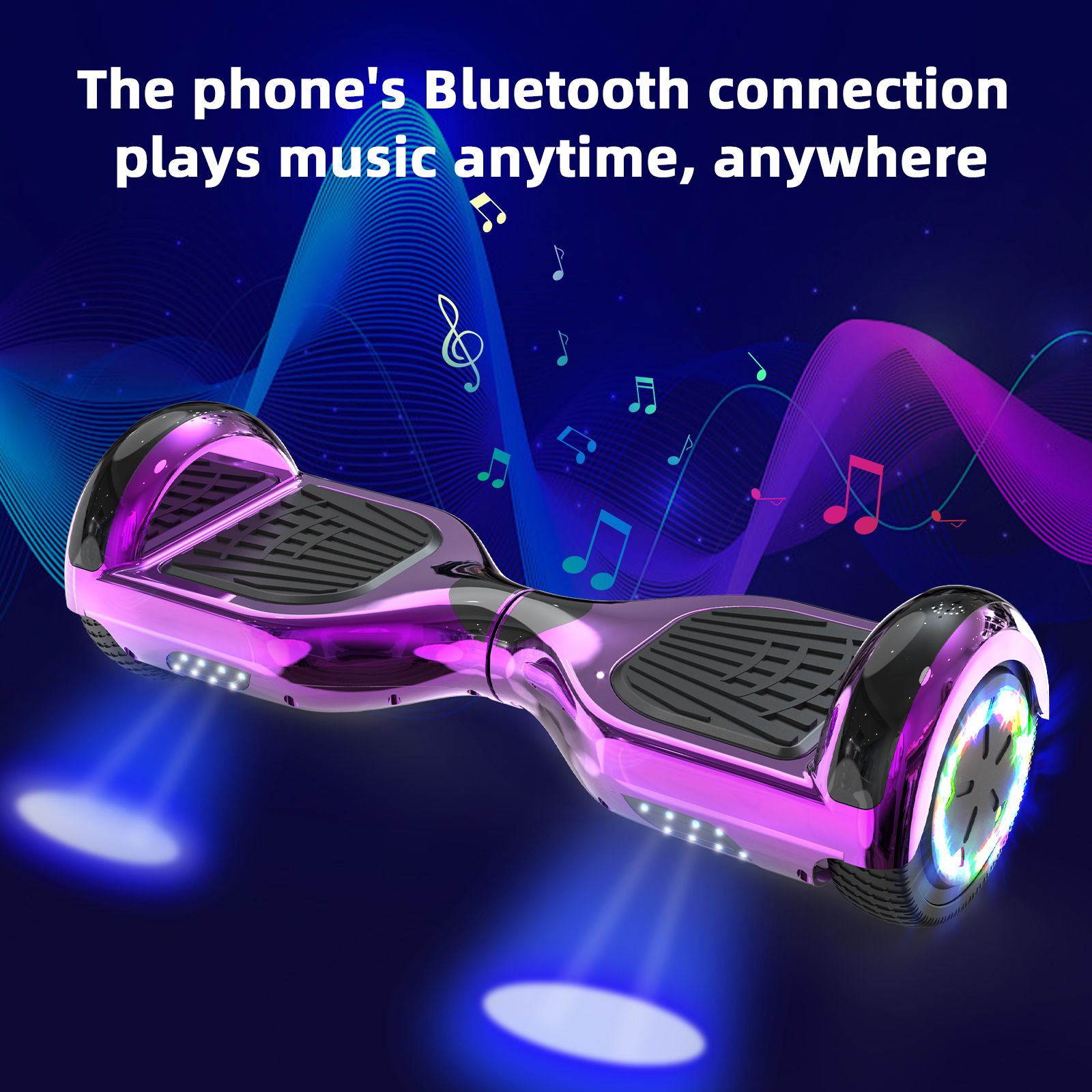 Rosa Hoverboard mit bunten Lichtern, Noten im Hintergrund.