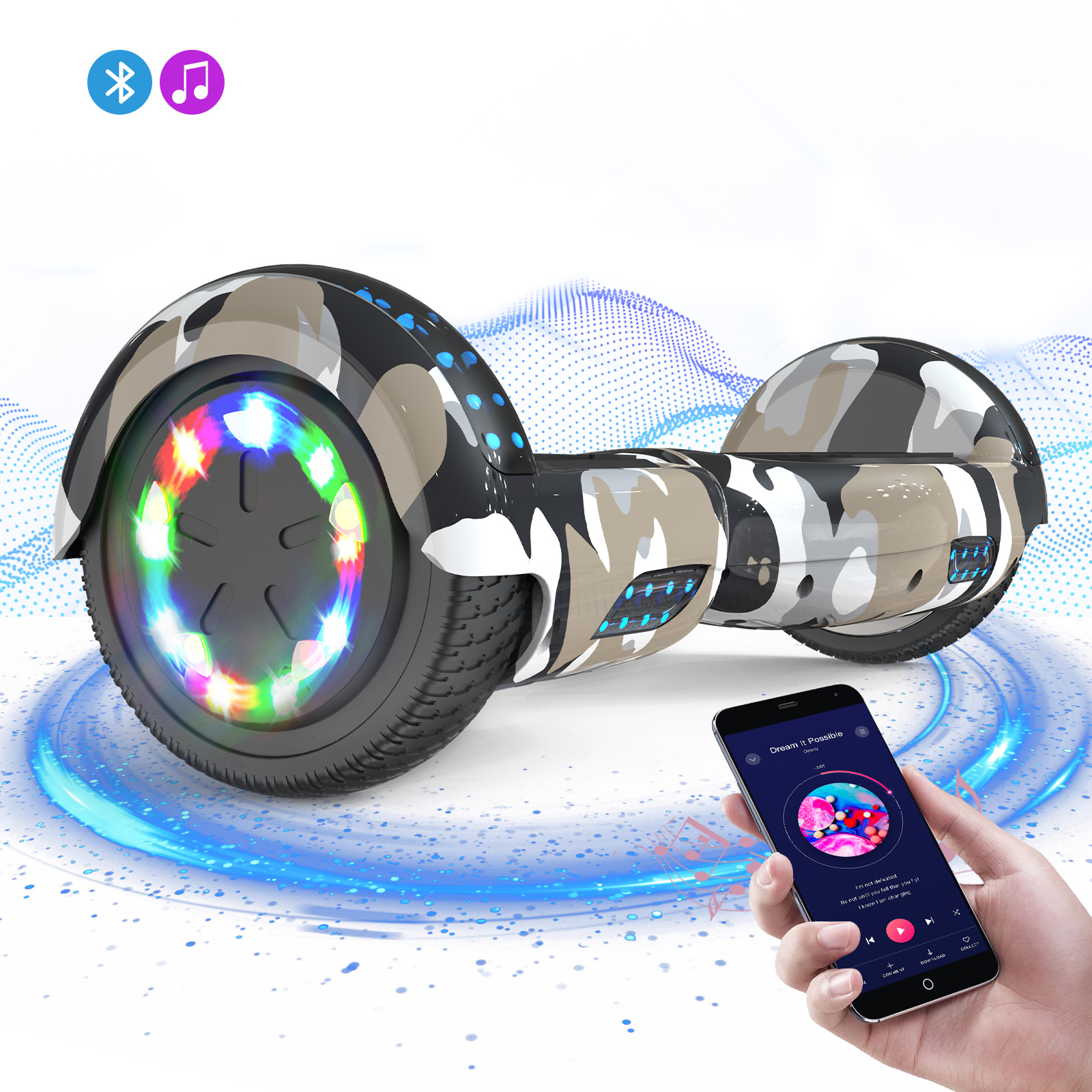 Ein Camouflage-Hoverboard mit bunten Lichtern und ein Telefon, das Musik anzeigt.