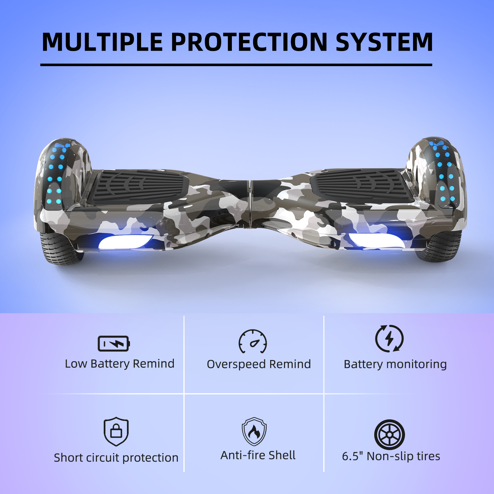 Hoverboard mit Tarnmuster, mit mehreren Schutzsystem-Symbolen darunter.