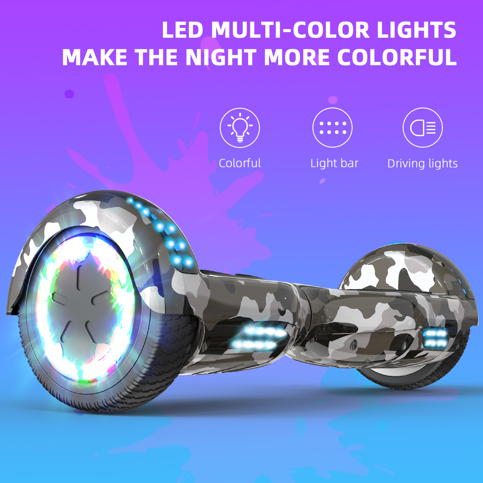 Ein Hoverboard mit Camouflage-Muster, LED-Leuchten und weiß-schwarzem Design, Text darüber.
