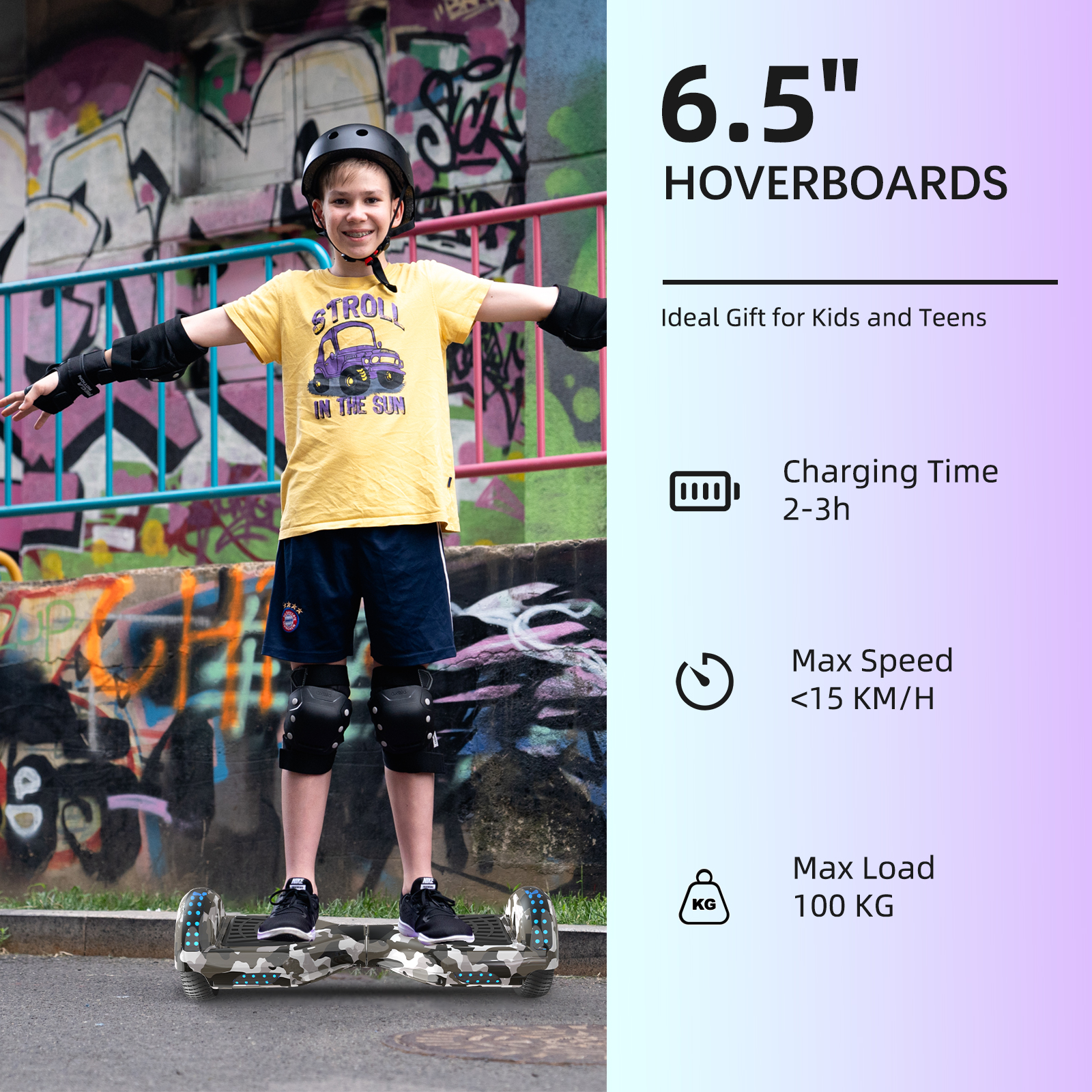 Ein Junge auf einem Hoverboard, Informationen dazu im Hintergrund.