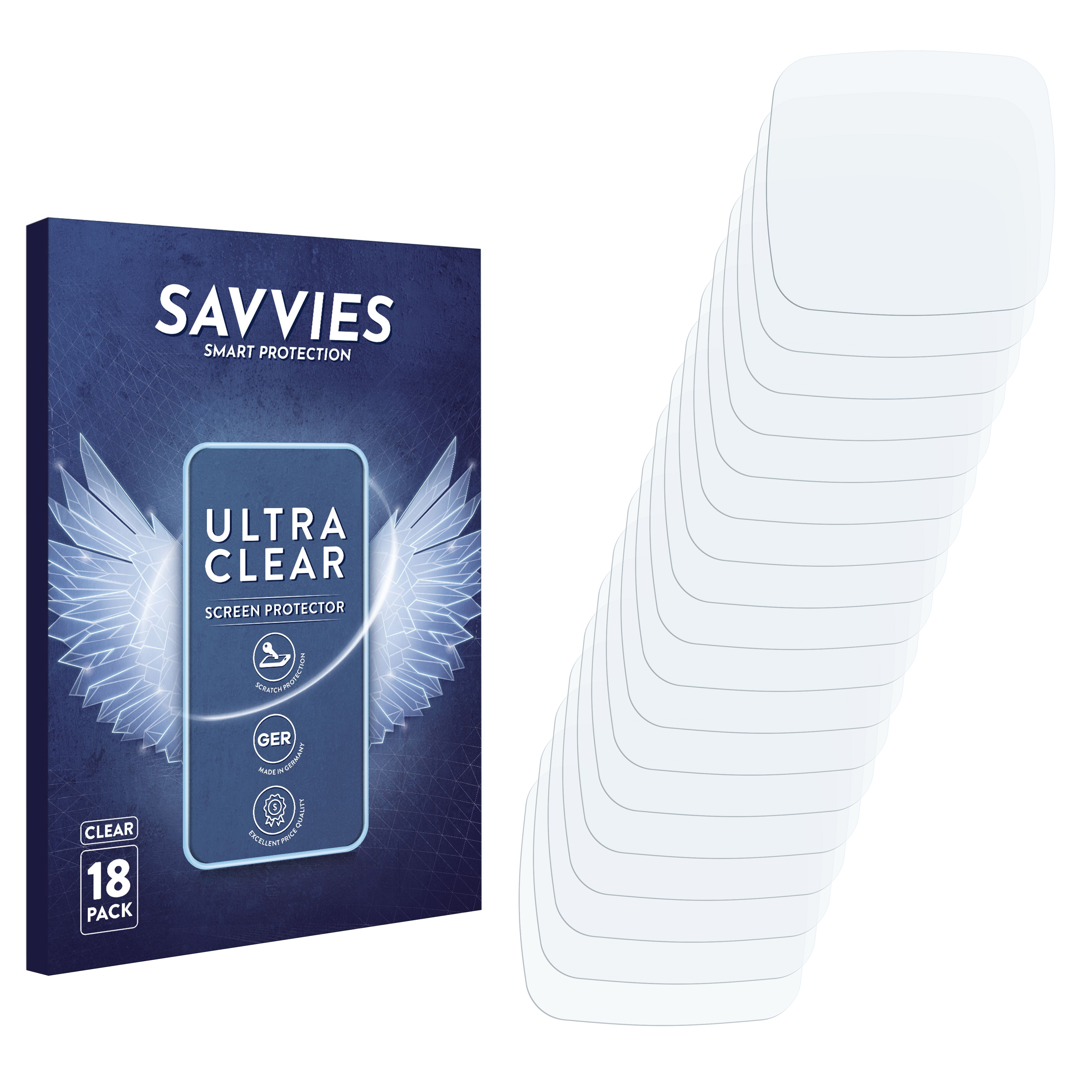 Schachtel mit Savvies Ultra Clear Displayschutzfolie mit 18 transparenten Schutzfolien.