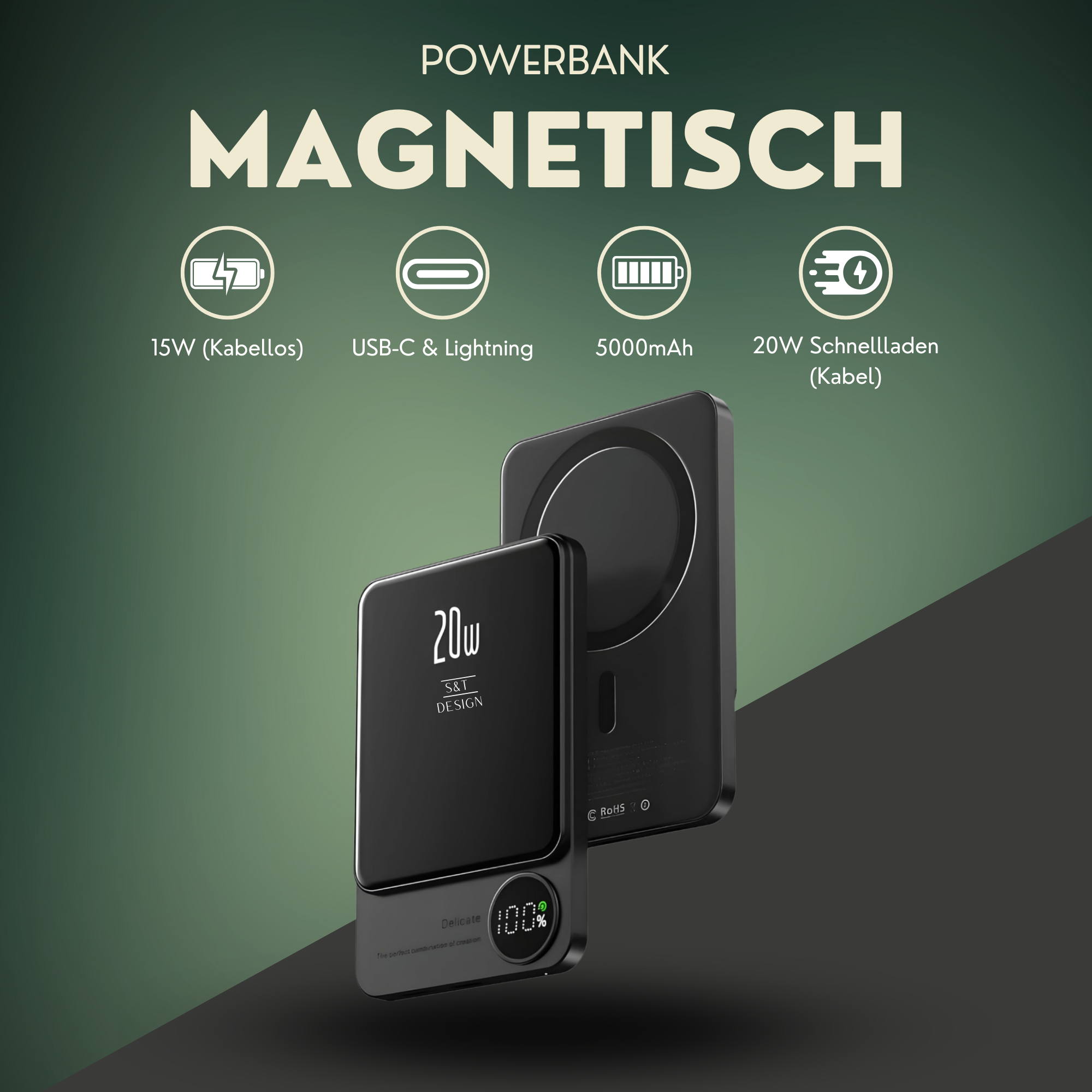 Eine schwarze Powerbank und ein schwarzes Telefon. Es gibt Symbole und Texte, die die Funktionen der Powerbank anzeigen.