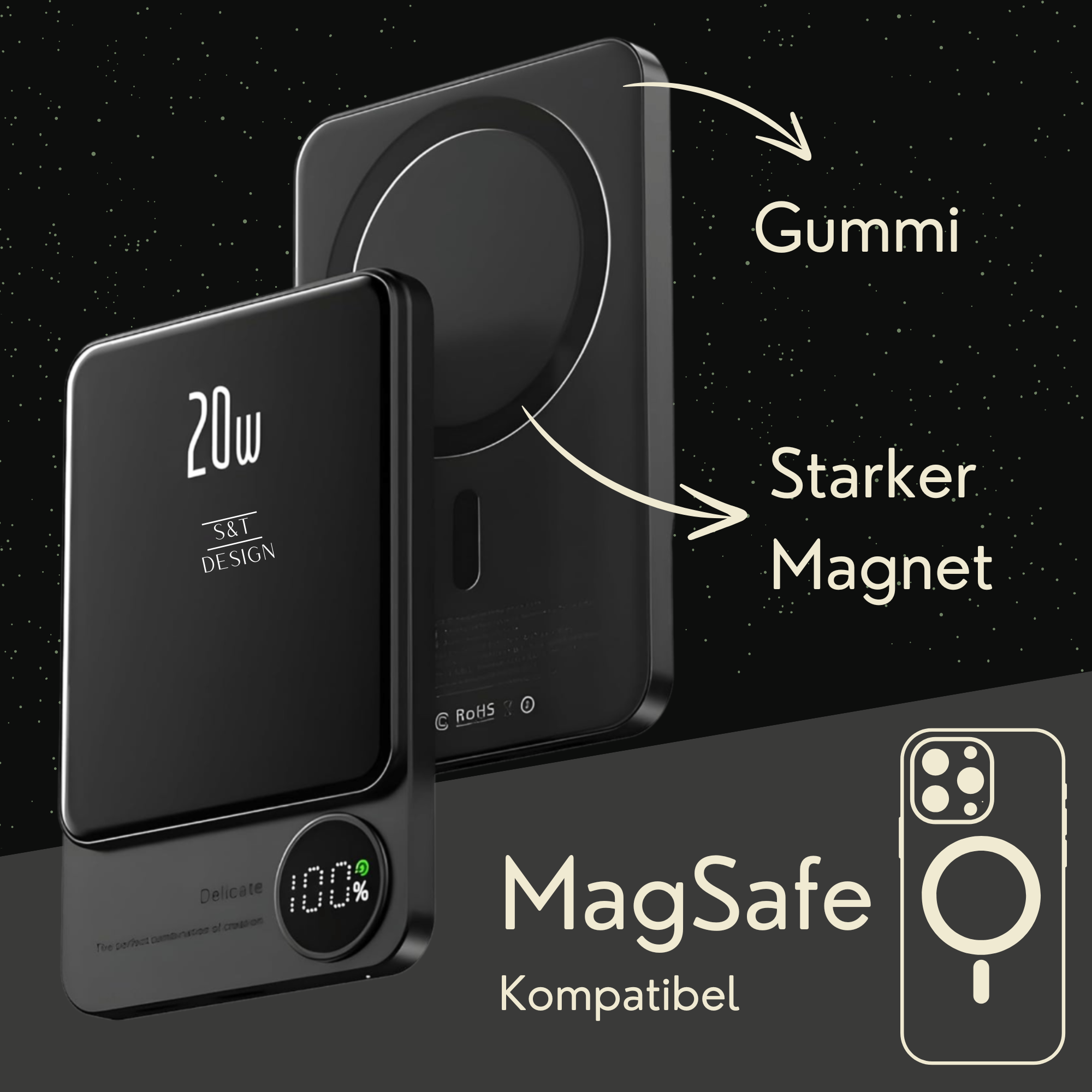 Eine schwarze Powerbank mit Handyhülle und Pfeilen, die Komponenten auf Sternenhintergrund anzeigen.