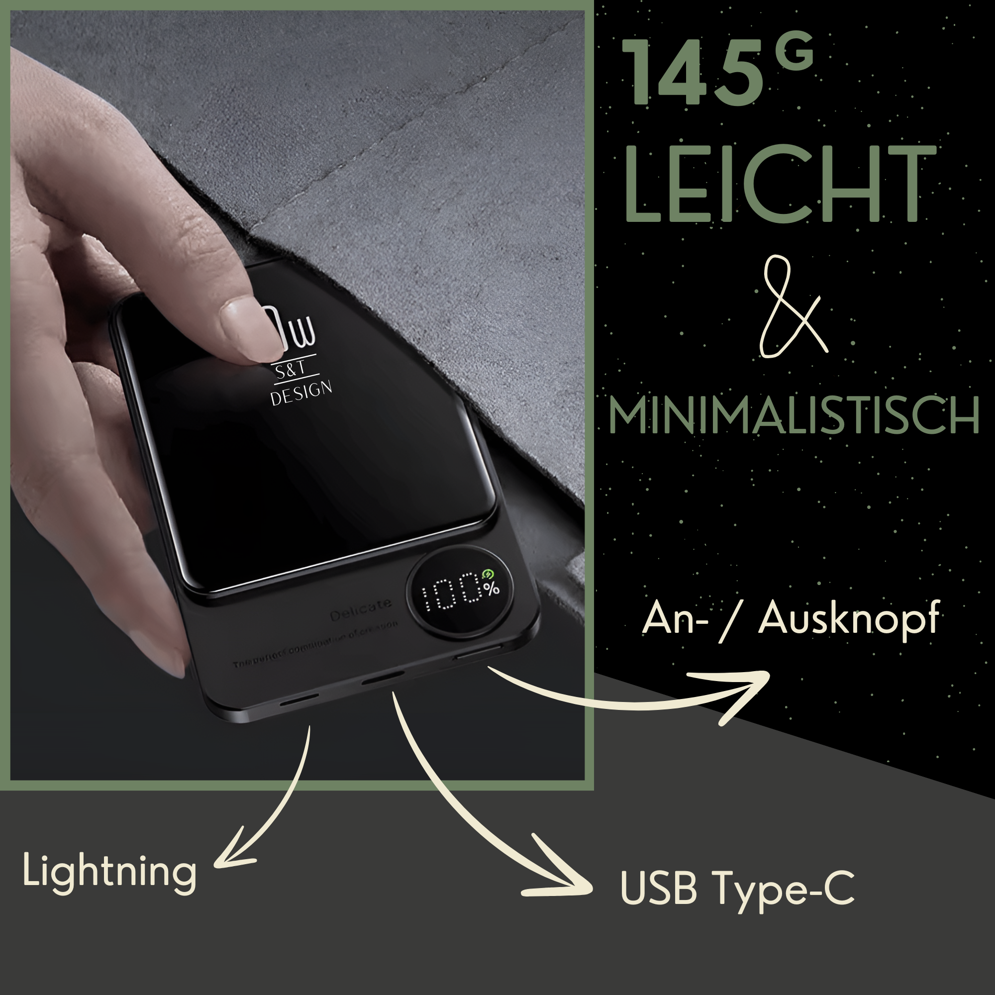 Eine schwarze Powerbank mit dem Markennamen und dem Prozentsatz der Ladung.