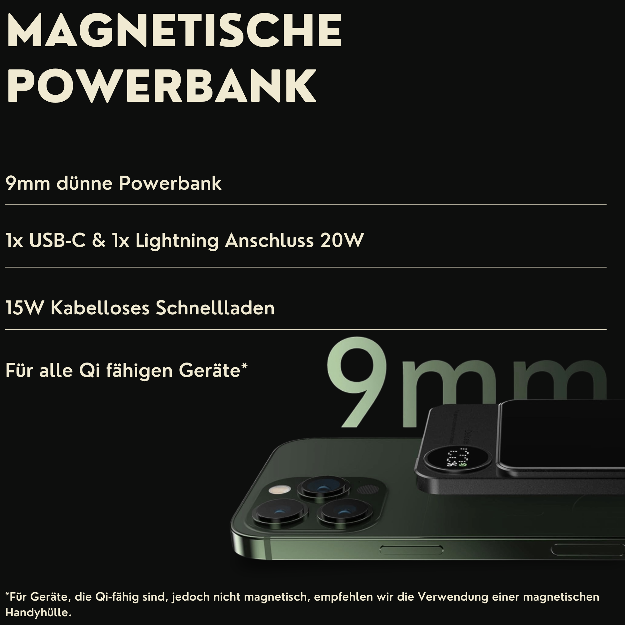 Schwarze Powerbank mit Text. Die Powerbank befindet sich auf einem Telefon. Der Hintergrund ist weiß.