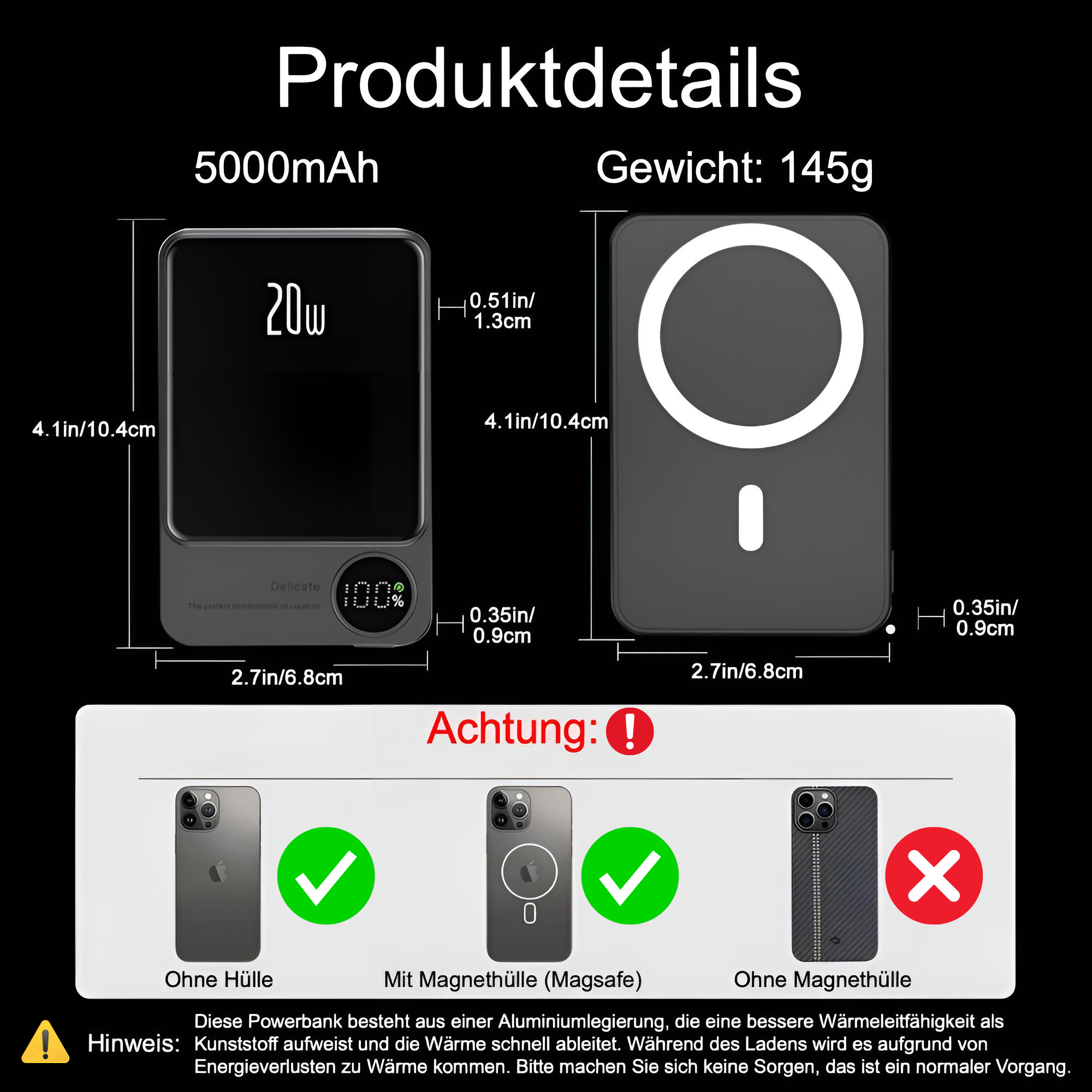 Diagramm einer Powerbank, Details umfassen Abmessungen und Warnsymbole zu Verwendung und Aluminium.
