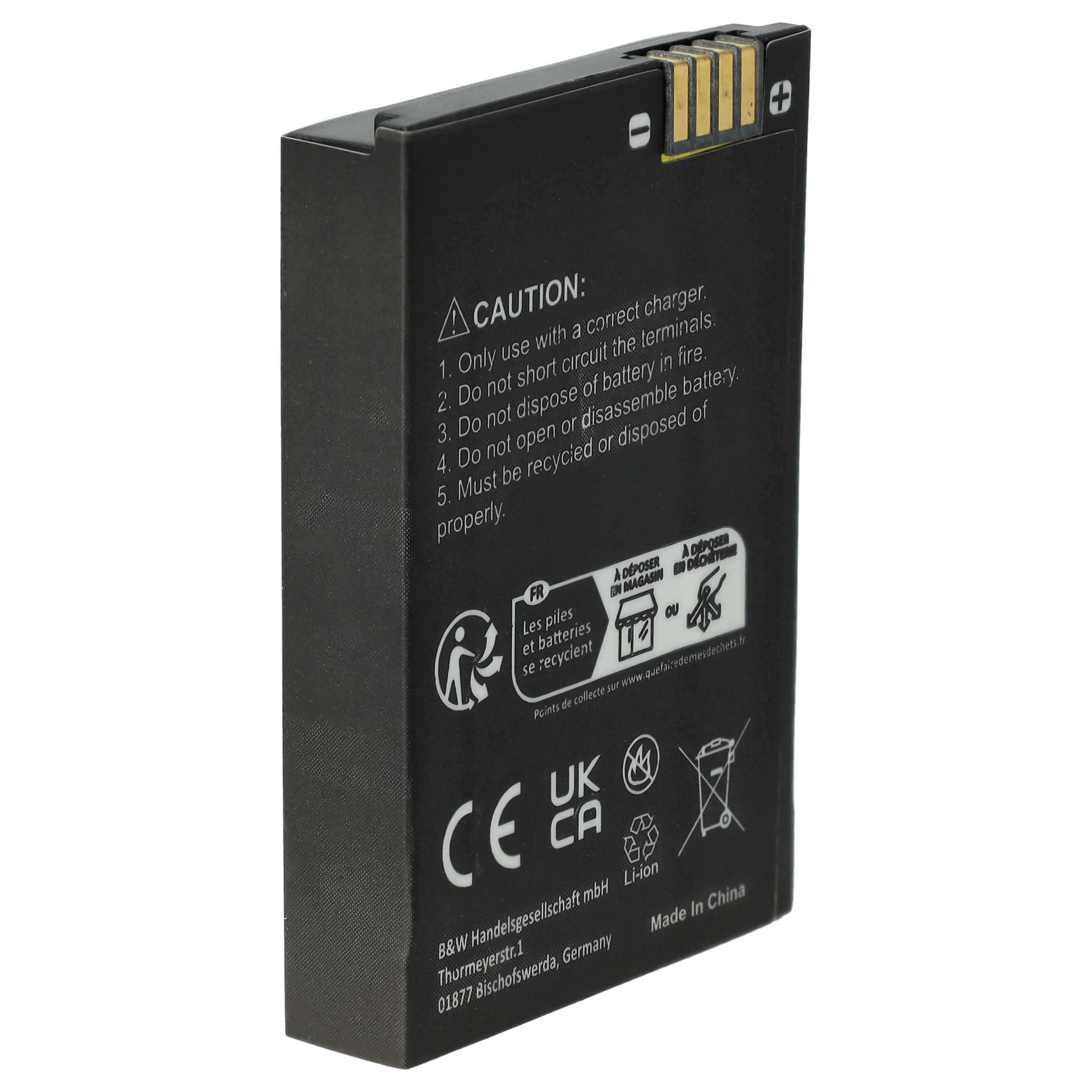 Schwarze Batterie mit Vorsichtshinweisen und Recycling-Symbolen. Text umfasst 'CE', 'UK CA' und 'Made in China'.