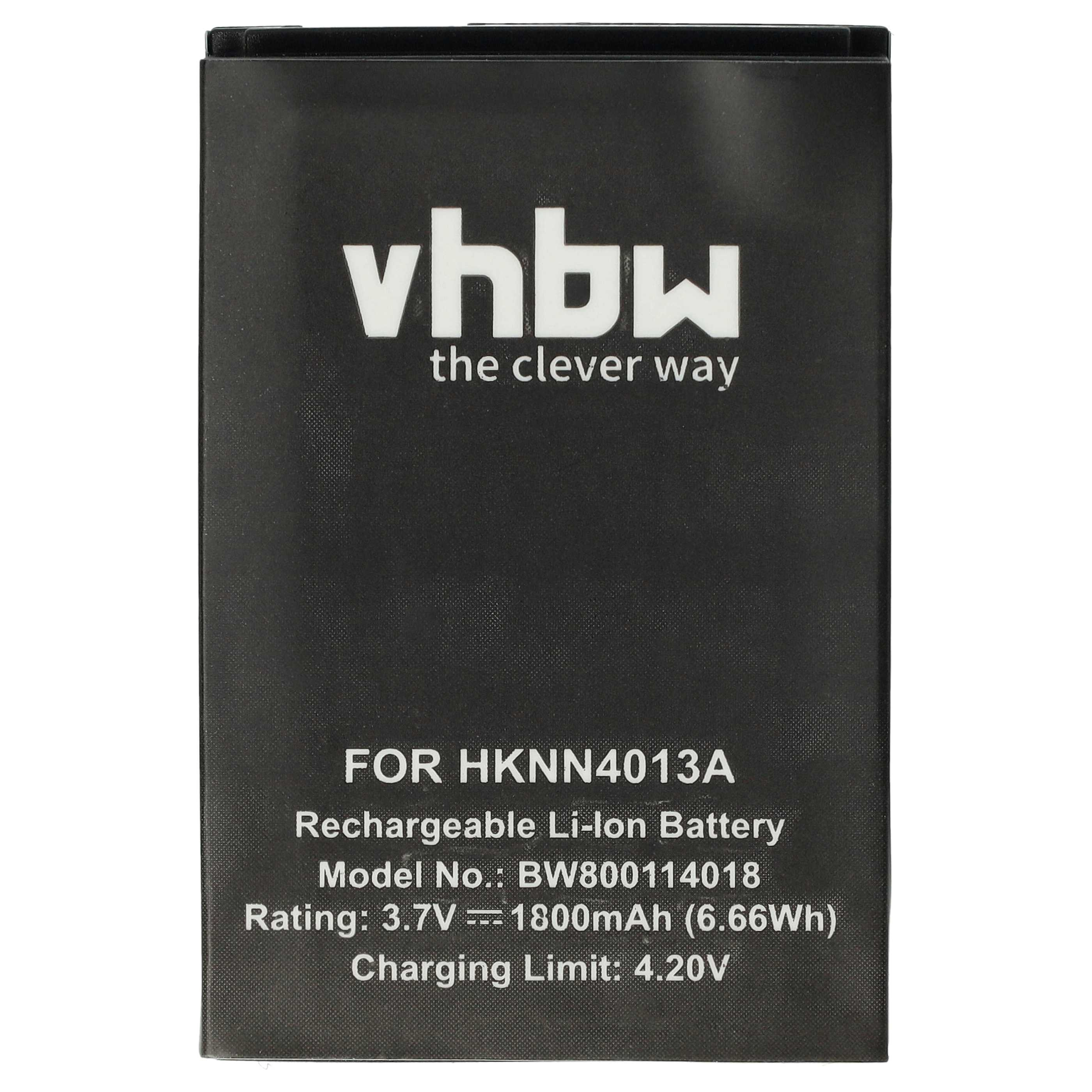 Eine schwarze Batterie mit weißem Text: 'vhbw the clever way'. Der Text enthält 'FOR HKNN4013A' und Batteriespezifikationen.